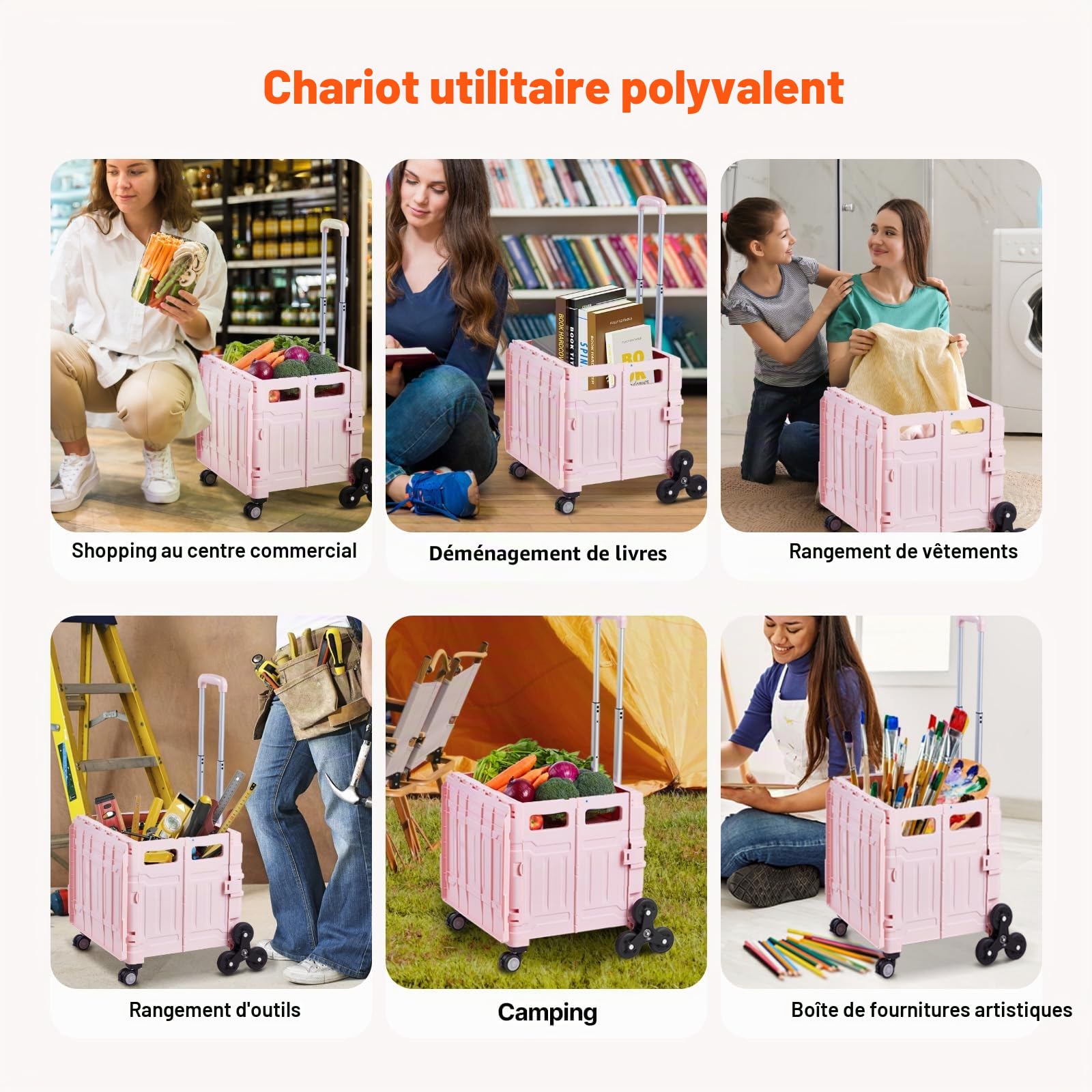 VEVOR Chariot de Courses Pliable, 65 L, Chariot Monte Escalier avec Poignée Réglable Télescopique, Couvercle, Roues à Rotation 360°, pour Shopping, Bureau, Déménagement, Transport, Extérieur, Rose