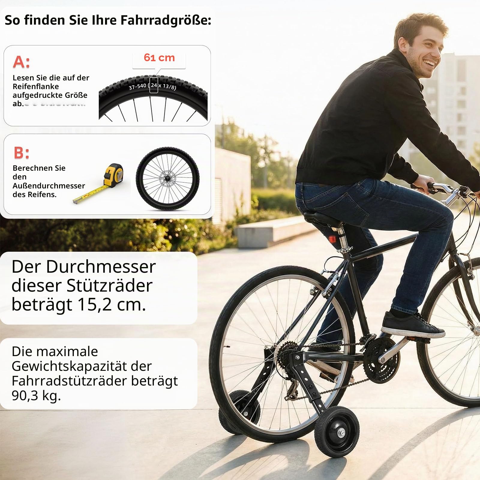 Verstellbare Fahrrad-Trainingsräder für Erwachsene, passend für 24-28-Zoll-Fahrräder, Stahlkonstruktion, schwarz, 1 Paar – sicheres und stabiles Lernen