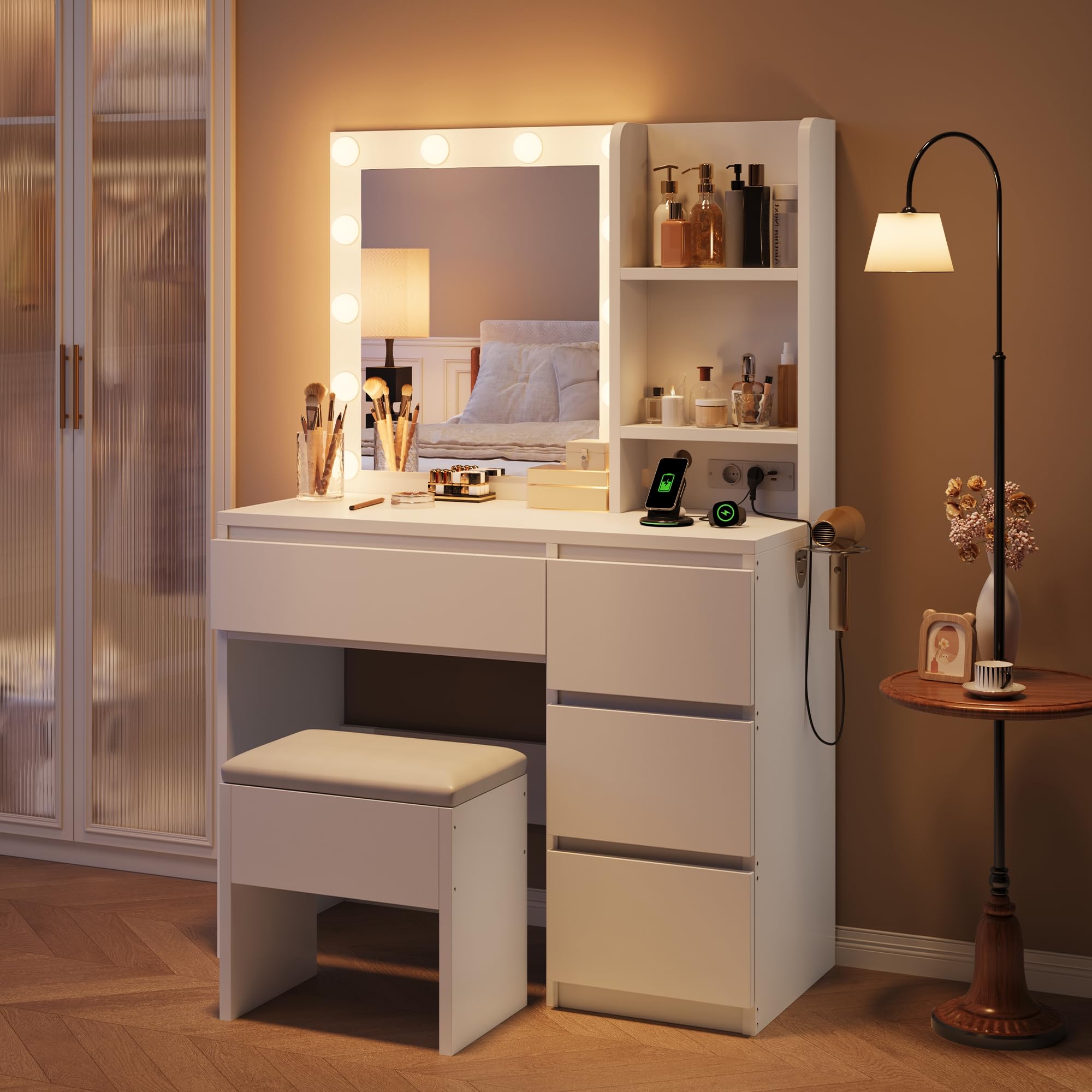 Jocoevol Schminktisch mit Spiegel und LED Beleuchtung, 40 x 94 x 140 cm