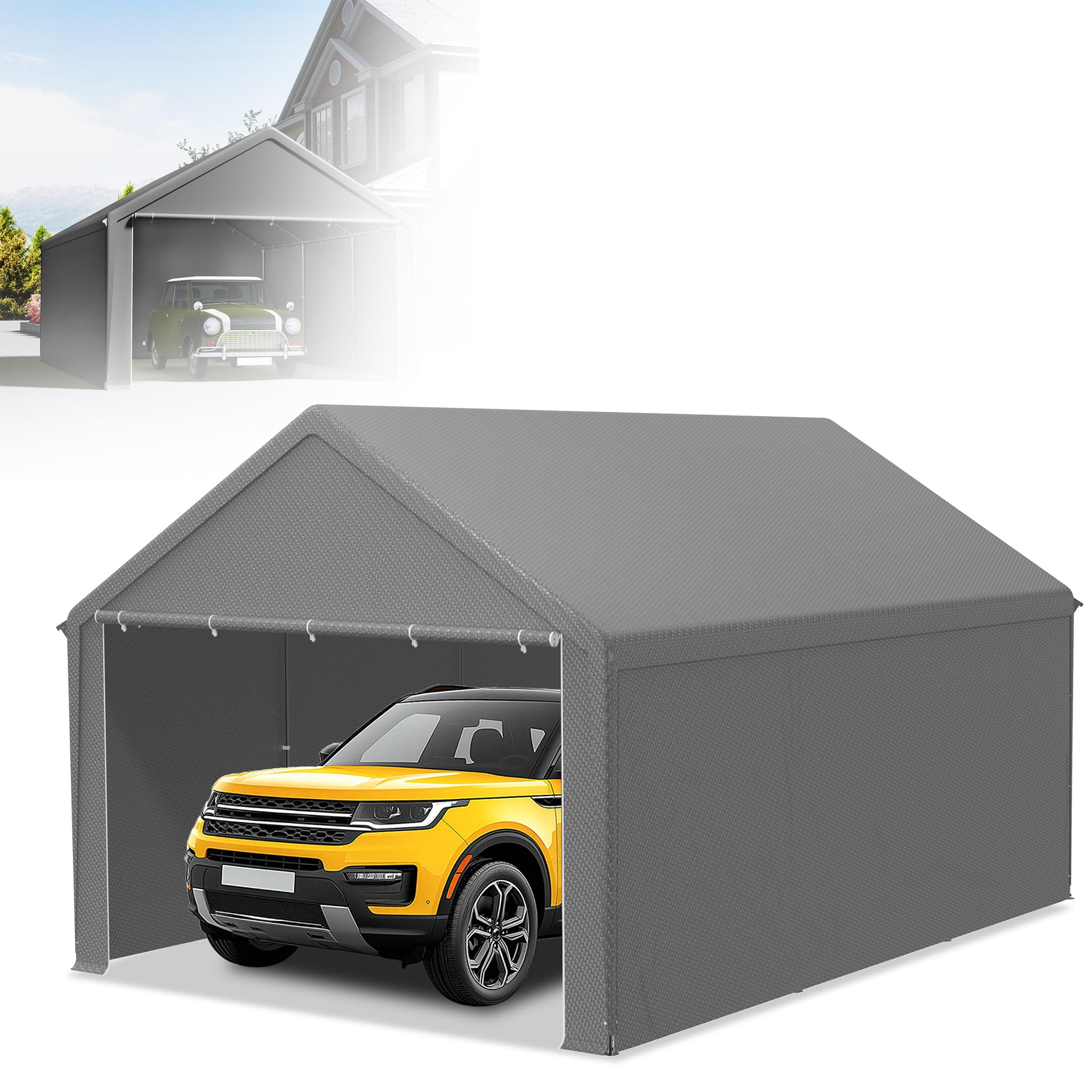 Garage de tente, 4 x 8 m, très grand auvent de voiture, pour l'extérieur, robuste, avec parois latérales, enroulable, résistant aux intempéries, pour voiture, camion et bateau, gris