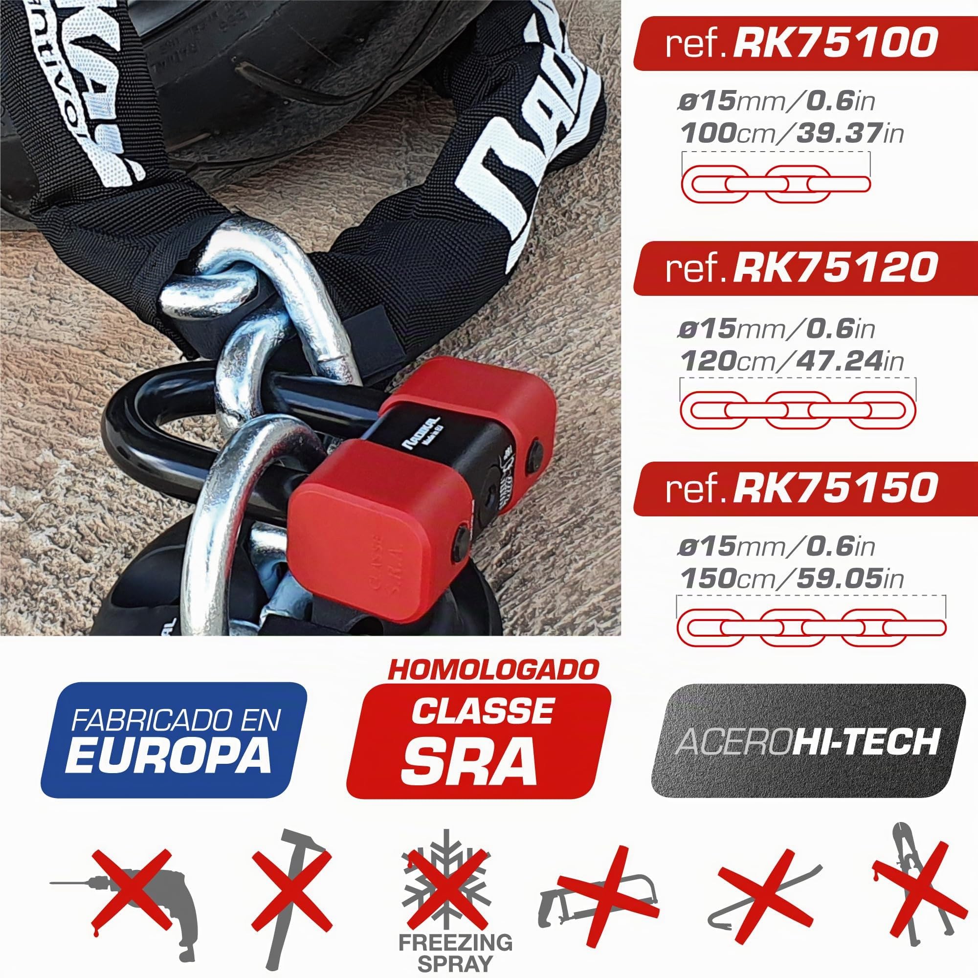 RADIKAL RK75100 Cadena Candado Antirrobo Pesado Premium ø15mm + Mini U, Alta Seguridad Homologada SRA, 100cm Completamente Testada +Visible, Antirobo Multifunción para Disco Freno, Anclaje, Parking