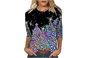 Women's Christmas Sweaters with Glitter Xmas Tree Prints, Crewneck Pullovers with 3/4 Sleeves
