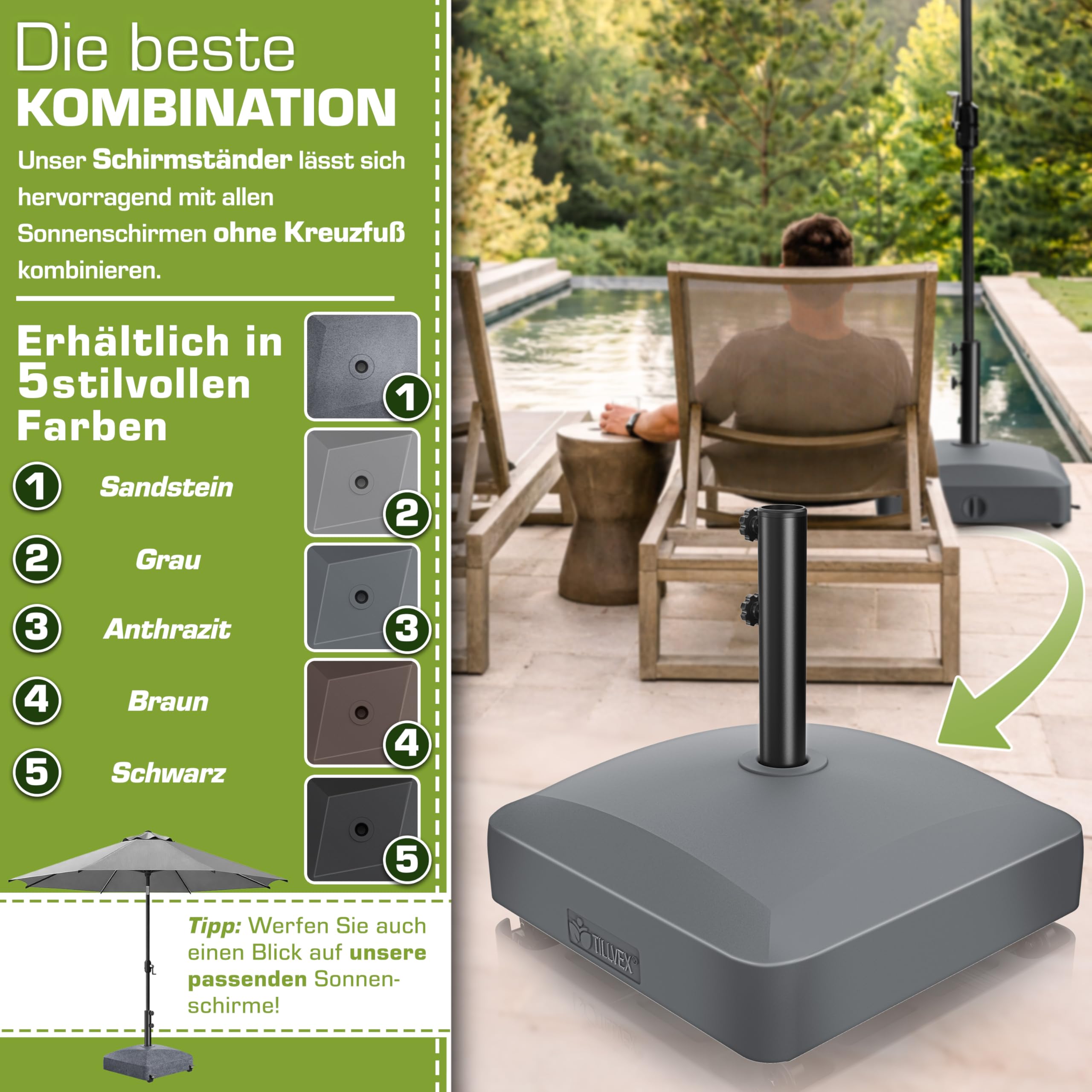 tillvex® Sonnenschirmständer PAVERA mit Rollen & Bremsen | Schirmständer befüllbar 37 Liter/56 kg | Schirmgewicht Sonnenschirm & Marktschirm Ø1,8-3,7m | Rollbar, wetterfest & UV-beständig (Anthrazit)