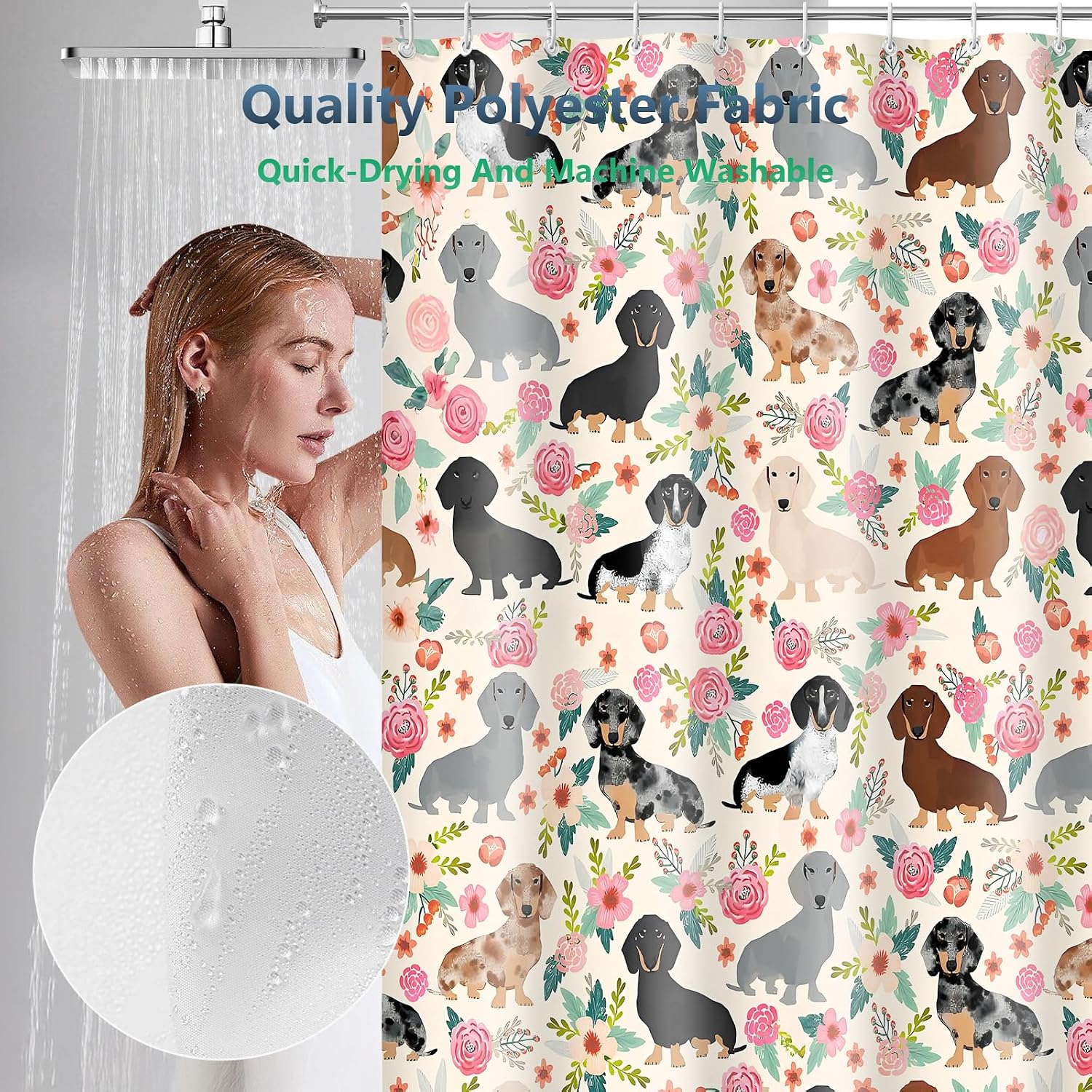 Floral Dachshund Wiener Sausage Dogs Shower Curtain with Hooks 72 x 72 Inch image 5