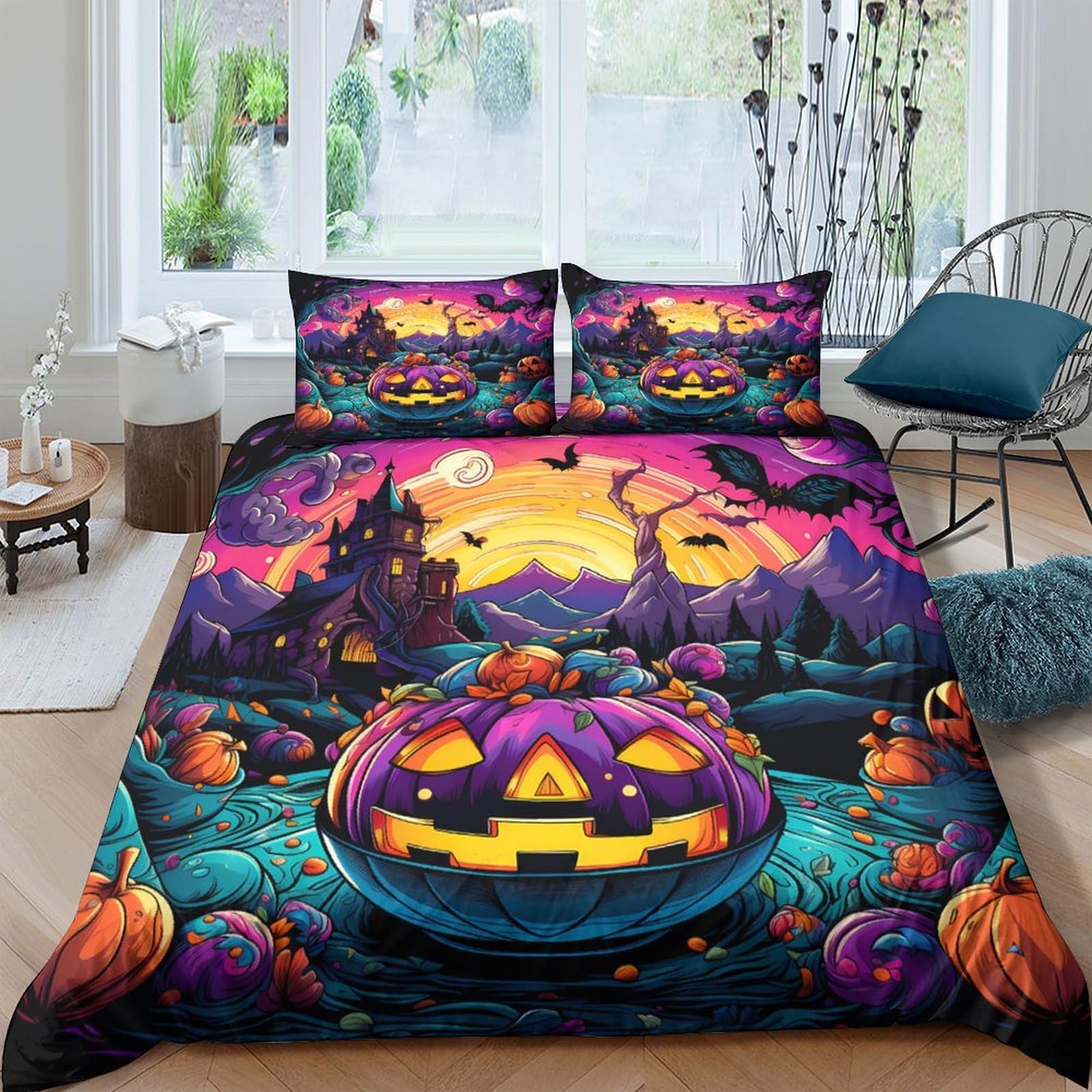 Ctjqhvkz Style-1 3D Printed Halloween Pumpkin Castle Fitted Sheet Microfiber Soft Mattress Cover For Bedroom Dorm Guest Room Decor Single（135X200cm）