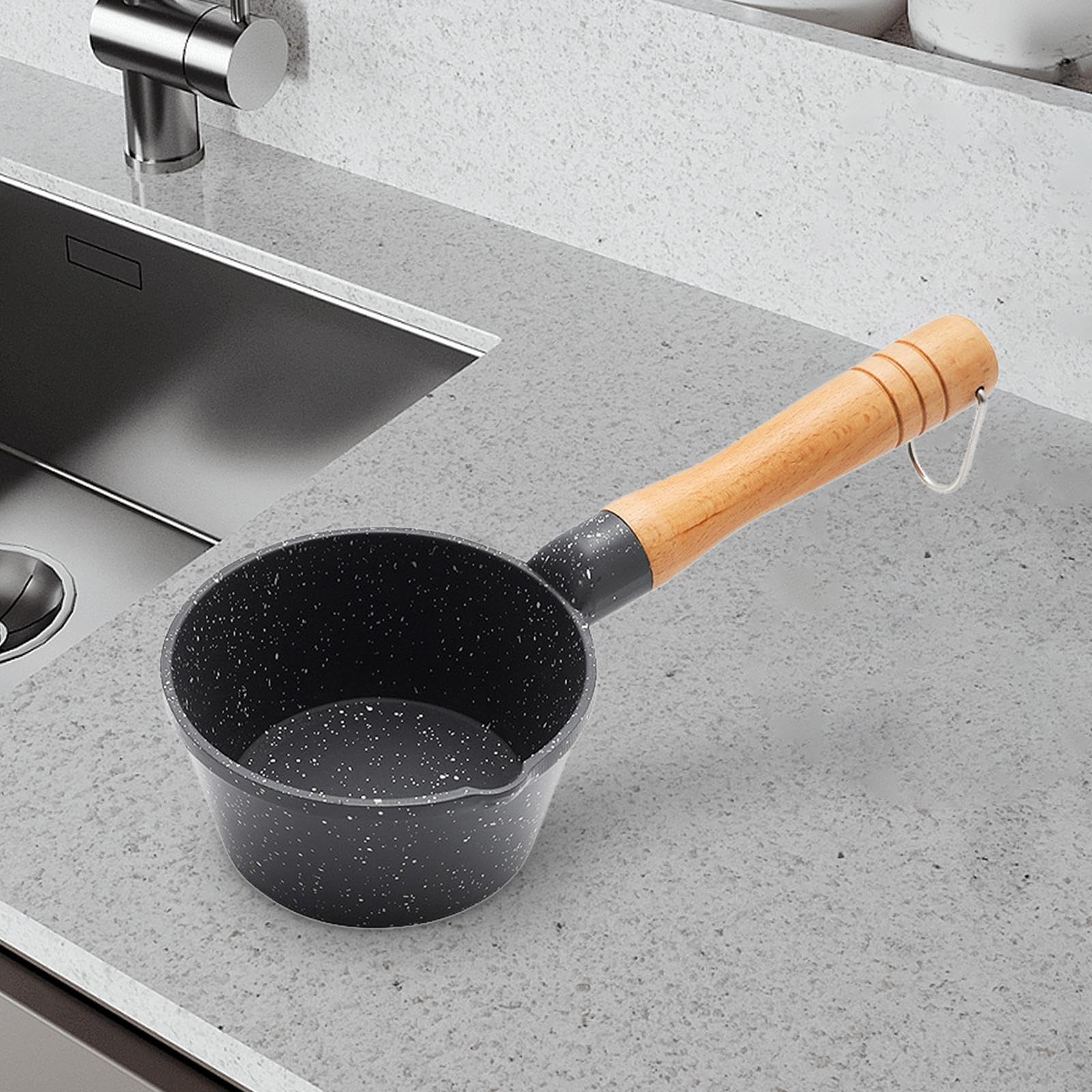 LOVIVER Pentolino per il latte piccolo, pentolino per il latte piccolo, con manico in legno, 4" per picnic a casa del ristorante, nero