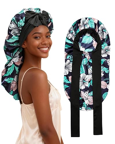 AWAYTR Gorro largo de satén para trenzas, gorro elástico de seda para dormir, banda de amarre elástica para mujeres (flor D)