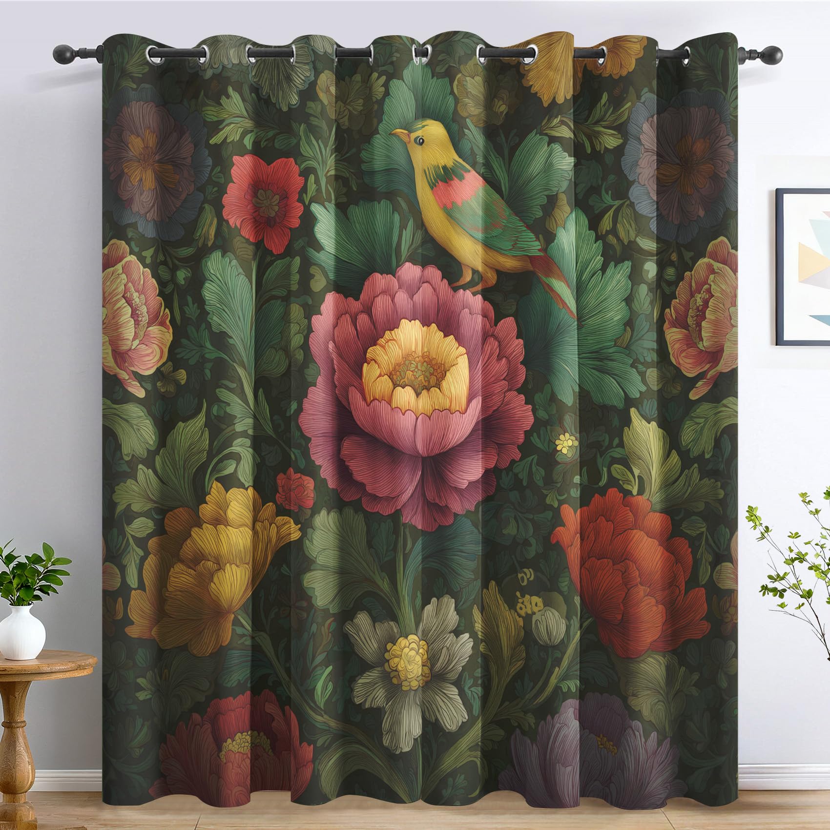 William Morris Bird Curtains for Bedroom Living Room, Vintage Floral Blackout Curtains Eyelet 108 Drop 2 Panels, Patterned Window Drapes, Home Decor 90x108 Inch B-D68