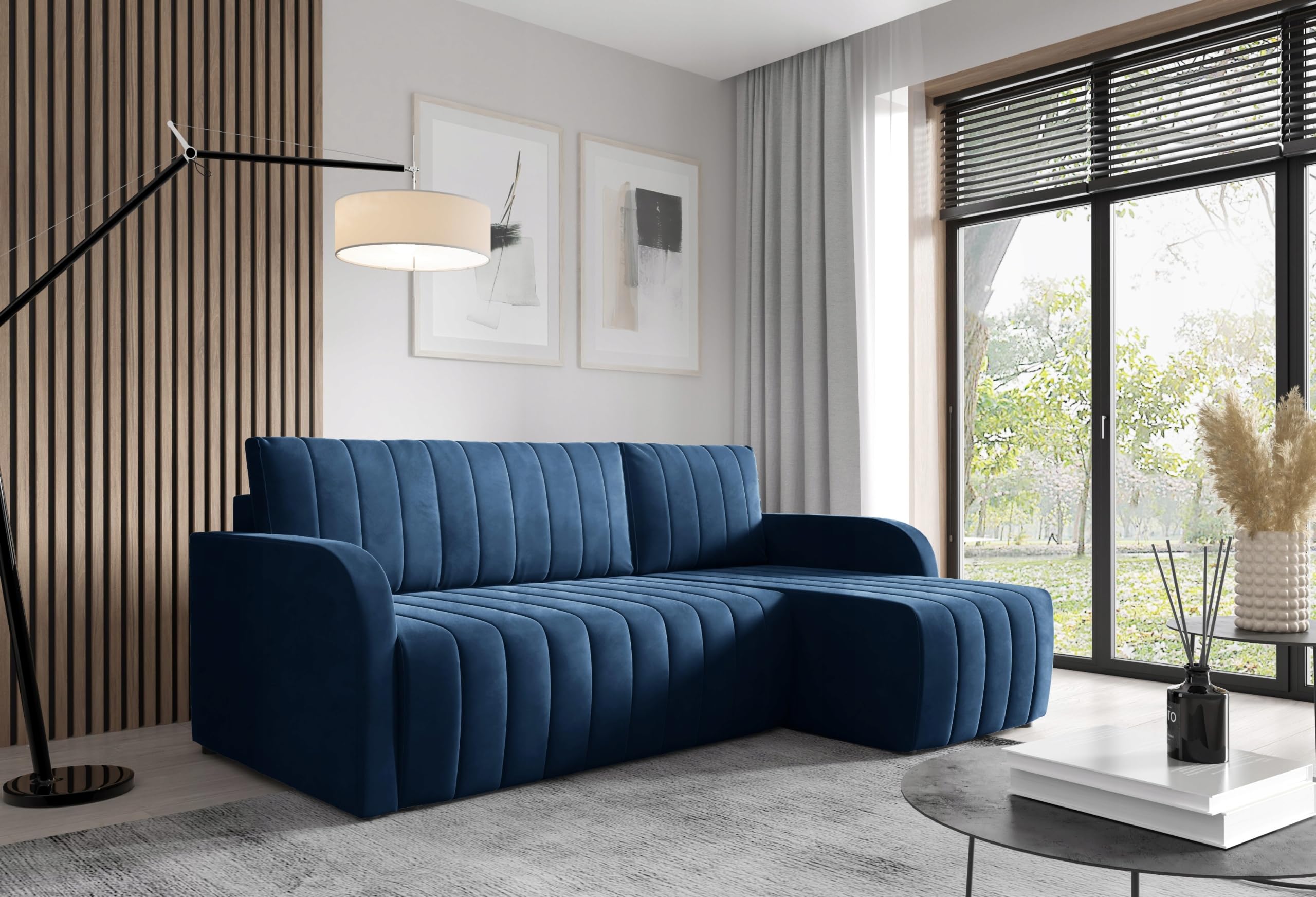LIKMA Narożnik 224 cm Granatowy Rozkładany Otto Kształt L z Funkcją Spania (200x140 cm) i Pojemnikiem na Pościel Tapicerowana Sofa; Tkanina Trinity 242