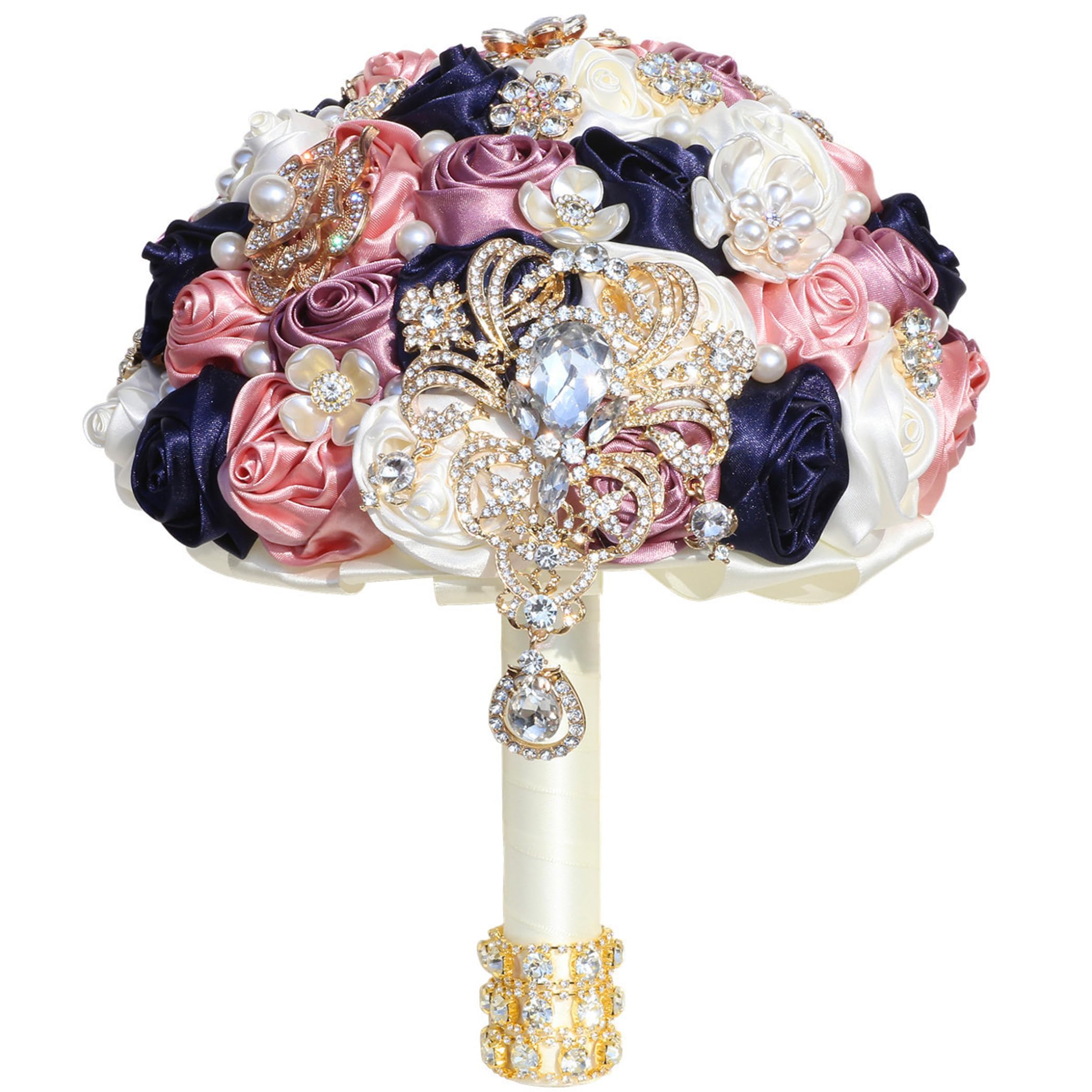 Ameble Elegant Satin Rose Bridal Bouquet with Rhinestones & Pearls, 8.66in Dia x10.24in H Bride Bouquet for Wedding, Bridesmaid, Hand Tied Wedding Flowers