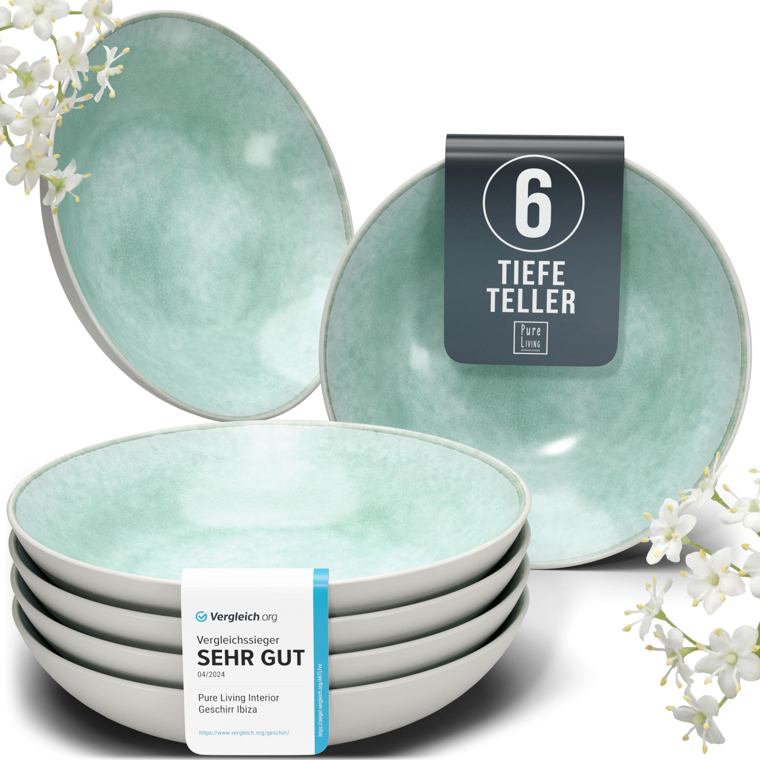 Steingut Suppenteller 6 Personen Ibiza TESTSIEGER, Traumhaftes Mediterranes Steingut Tiefe Teller Set, Pasta Teller Tief Groß - Pure Living in Türkis