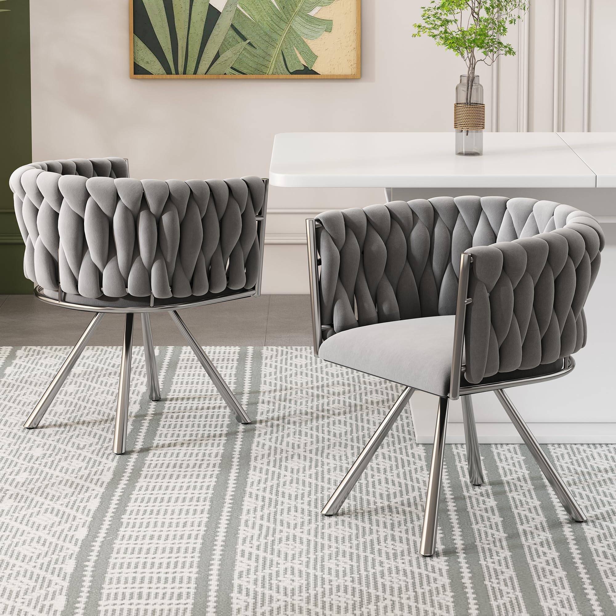 BTM Set of 2 Velvet Dining Chair, Leisure Swivel Dining Chair with 4 Metal Support Legs for Living Room Bedroom, Grey+Silver