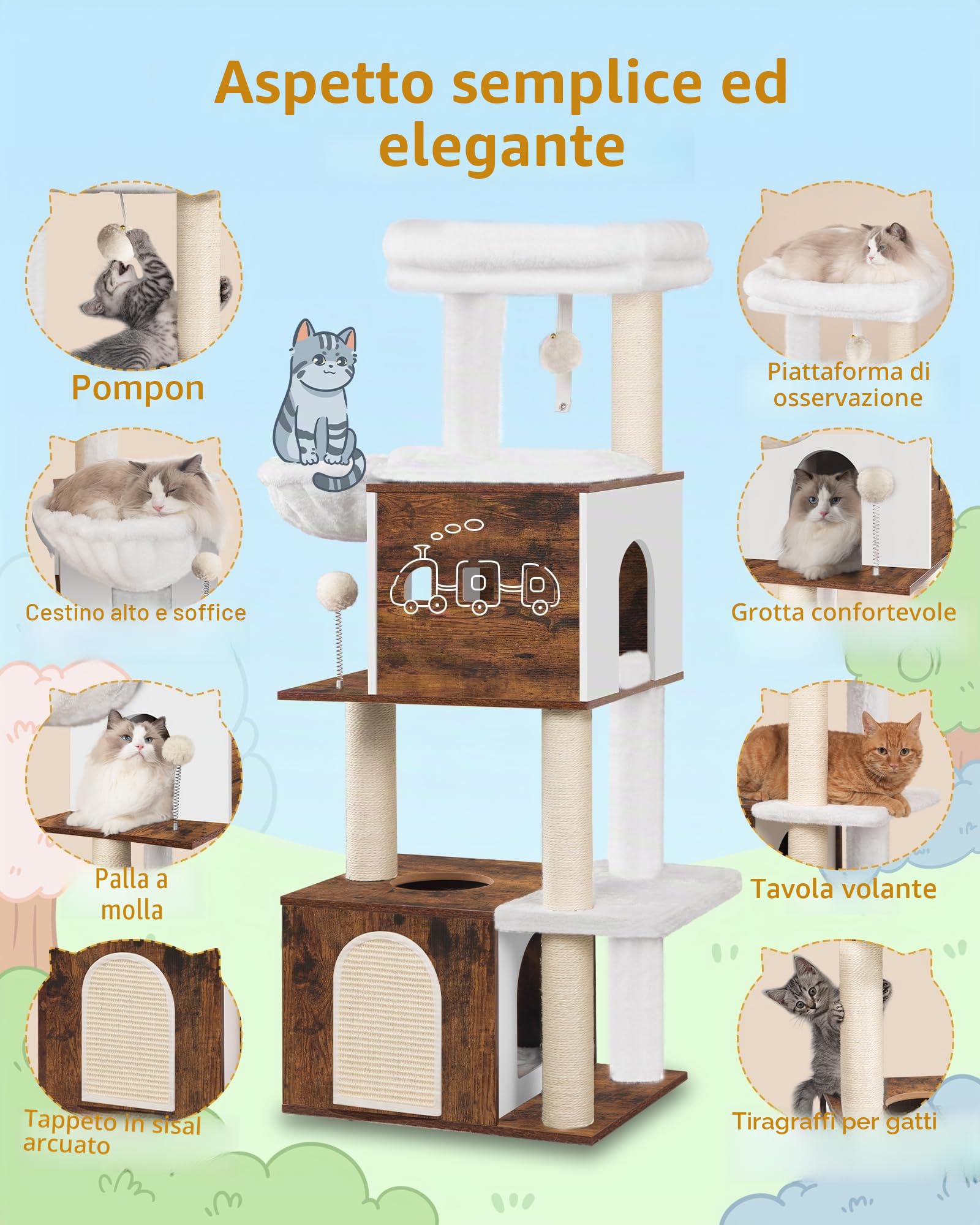 Hzuaneri 130 cm Tiragraffi, Torre per Gatti, 2 Cucce per Gatti con Letti Imbottiti, Grandi Piattaforme, Tiragraffi in Legno, Marrone Vintage MS13201WT