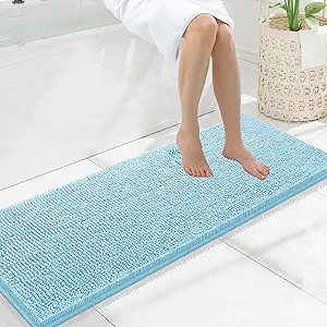 Smiry Luxury Chenille Bathroom Rugs 47x17, Extra Soft and Absorbent Shaggy Bath Mat, Machine Washable, Non-Slip Plush Carpet Runner for Tub, Shower, and Floor, Home Decor Accessories, Sky Blue