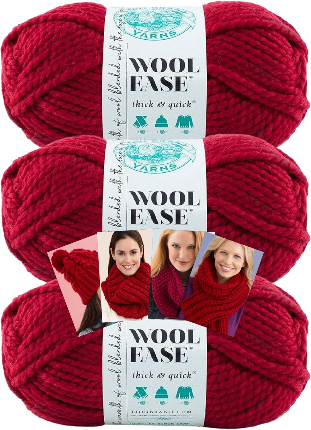 Lion Brand Wool-Ease Thick & Quick Yarn - 3 Pack with Pattern Cards in Color - 640-138 (Cranberry)