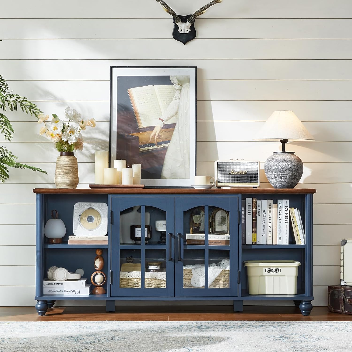 Farmhouse TV Stand for 60 Inch TV, Wood Entertainment Center with Adjustable Shelves & Glass Door Storage Cabinet,Television Stands for 65" TVS,TV Console Table for Living Room,Bedroom,Navy Blue