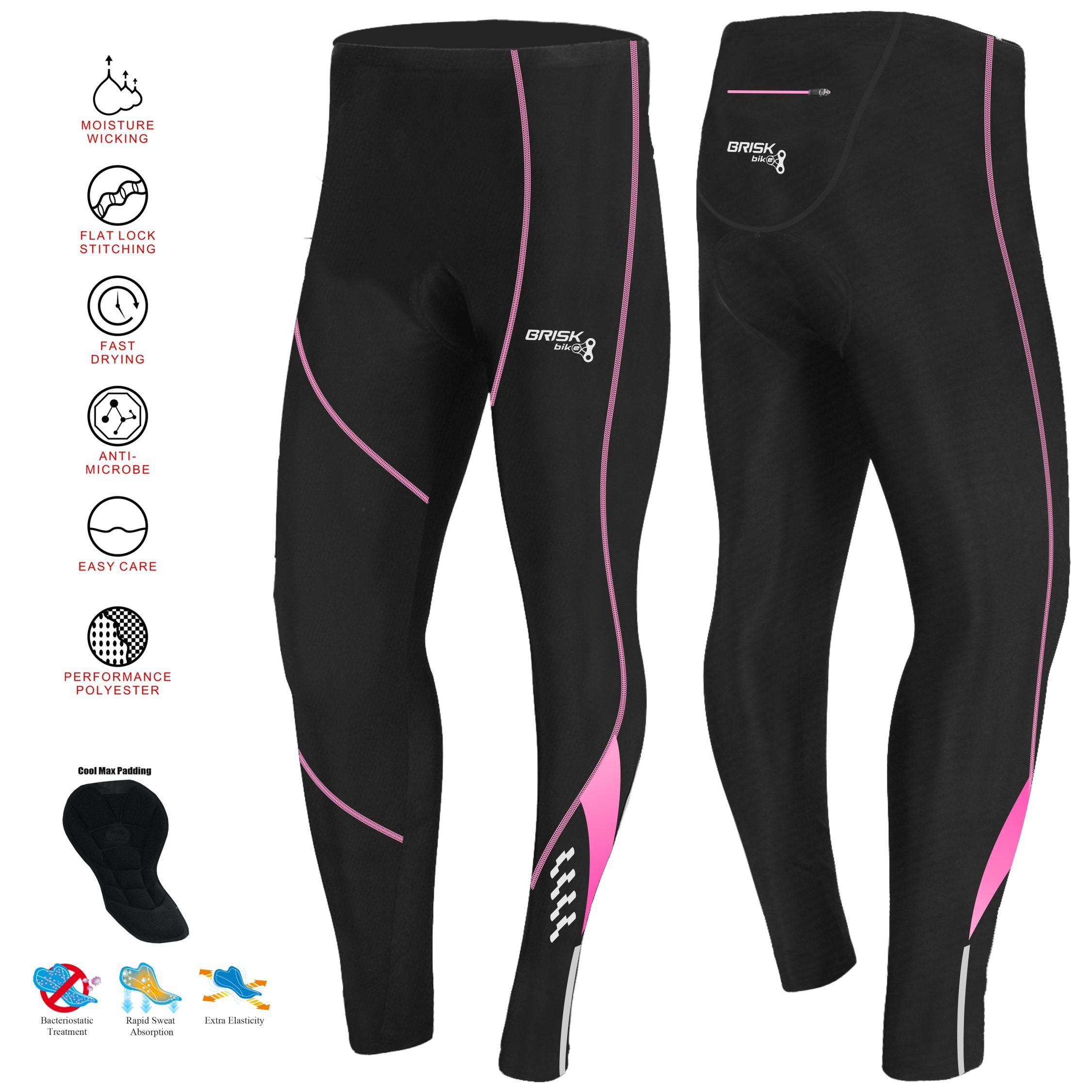 Brisk Bike Pantalons de Cycliste Femme avec Fermetures éclair réfléchissantes Collants de Cyclisme rembourrés Cool Max Extensibles pour Le Cyclisme - Pantalon Cycliste Femme Long
