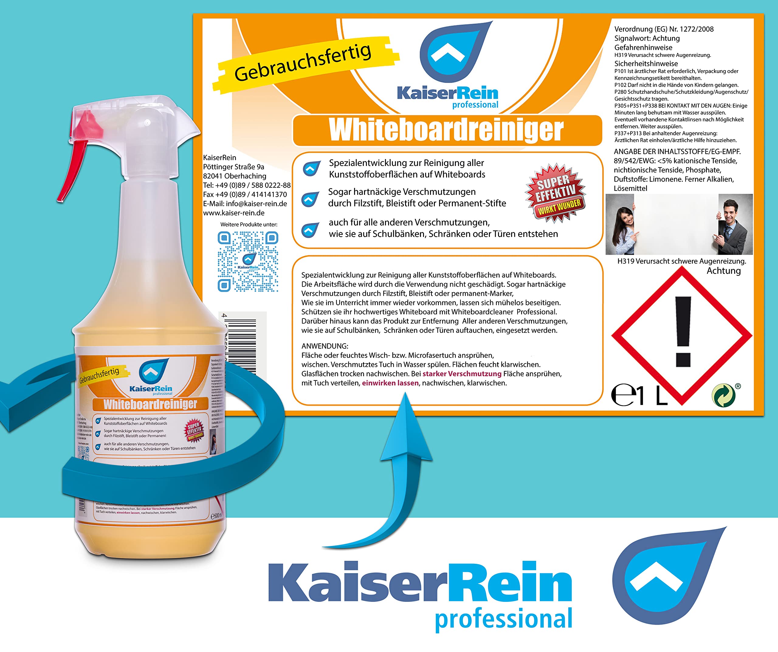 KaiserRein professional Profi Whiteboardreiniger und Schreibtischreiniger 3 x 1 L Schultisch Türen Schrank Reiniger löst auch Filzstift permanent Kugelschreiber Stempelfarbe von