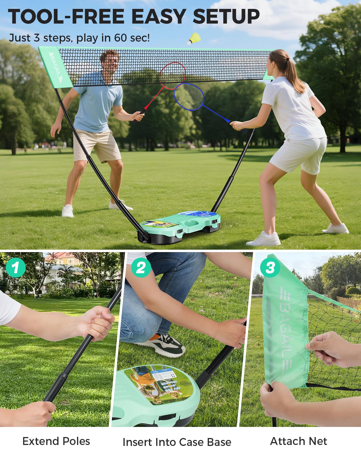 BAGAIL Set da Badminton Portatile - Borsa per riporre l'attrezzatura - Base autonoma - Installazione Rapida - Rete da Badminton con 4 Racchette e 4 volani per Giocare all'Interno e all'Esterno