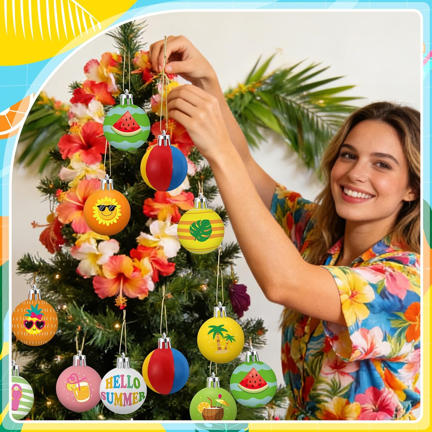 Soulchen 24 Pcs Summer Ball Ornaments Mini Hawaiian Ornaments for Tree 1.2 Inch Plastic Ball Hanging Decoration with String Sun Coconut Palm Hanging Decorations for Home Decors Holiday Party