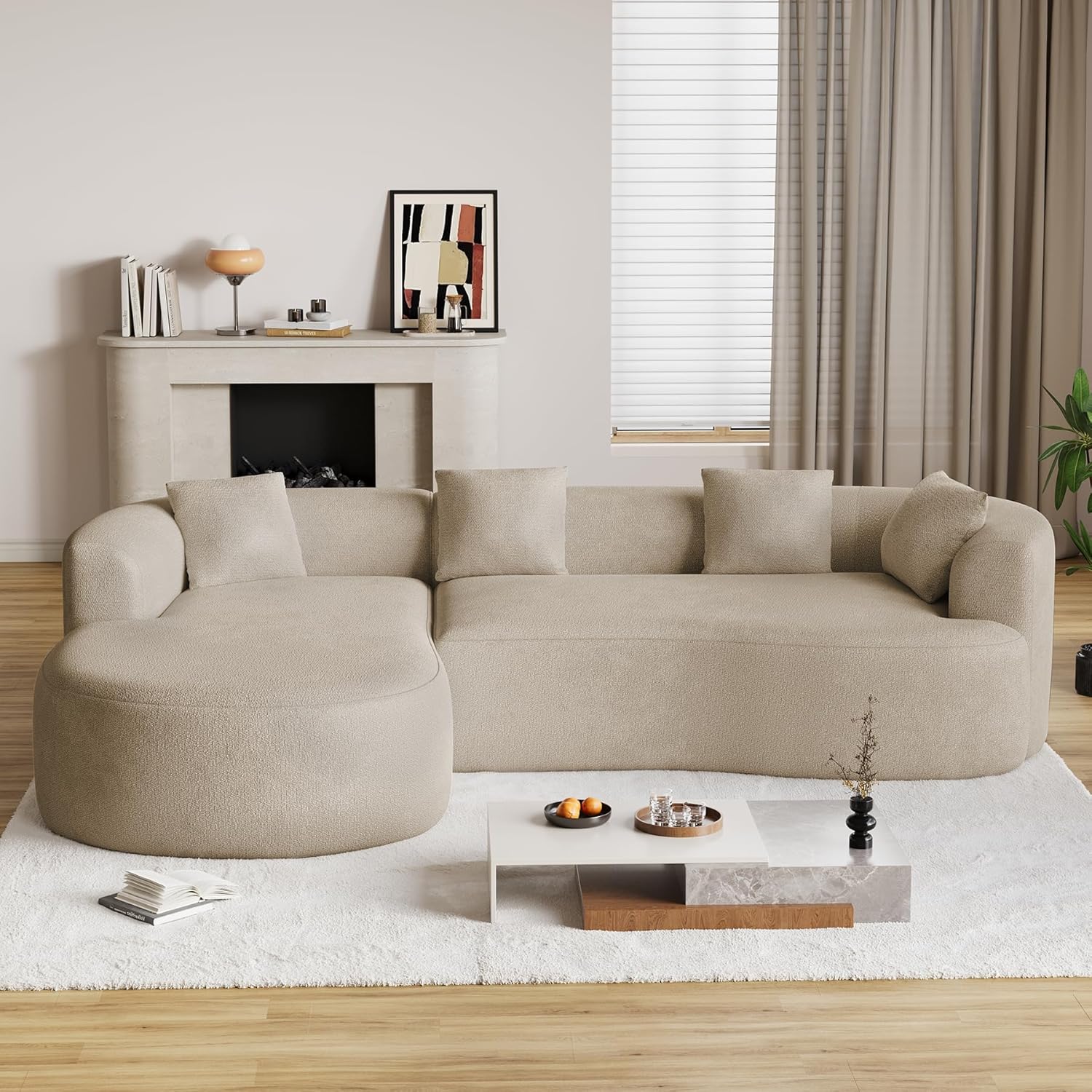 Luxury Modern Tight Curved Back Sofa, 111" Minimalist Style Comfy Couch for Living Room, 4 Seater Modular Chenille Sectional with 4 Throw Pillows,No Assembly Needed,Light Brown(Left-Facing Chaise)
