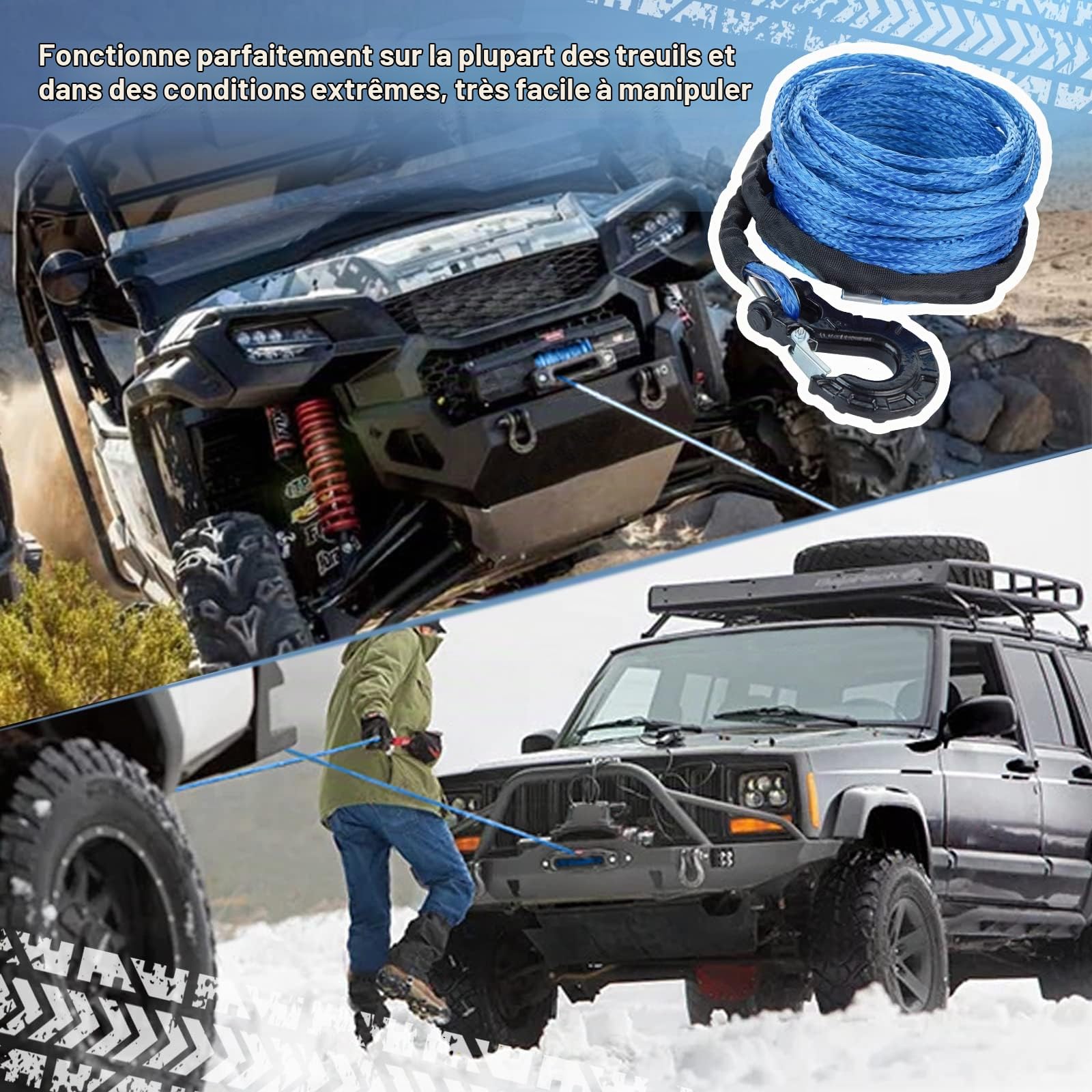 Corde de treuil synthétique de 1,6 cm x 15,2 m, 5 896,7 kg – Câble synthétique avec Manchon de Protection + Crochet de treuil forgé pour véhicule Tout-Terrain, VTT, UTV, VUS, Camion, Bateau,