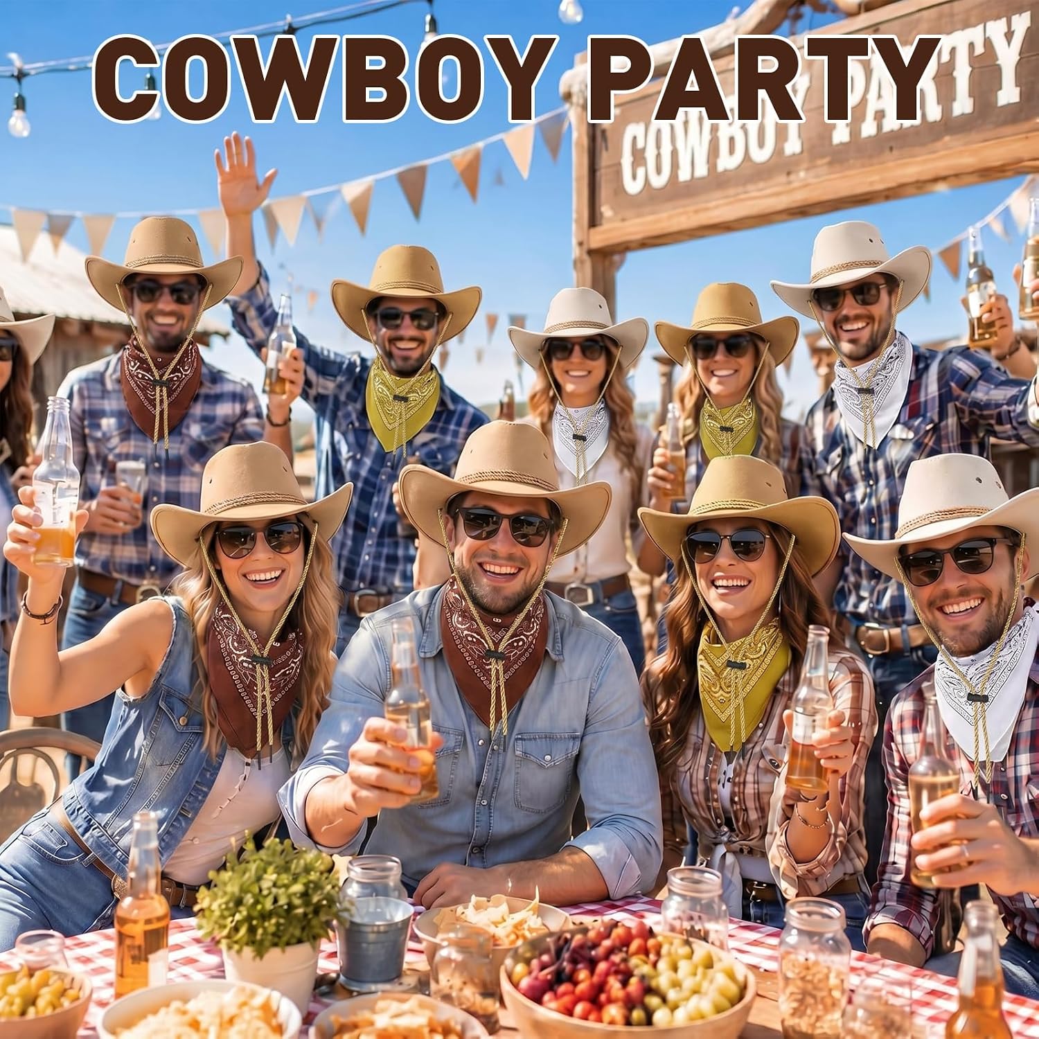 Coume 30 Pieces Western Cowboy Hat Costume Accessories Paisley Bandanna Set Cowgirl Hats Bulk for Adult Women Men Dress Party