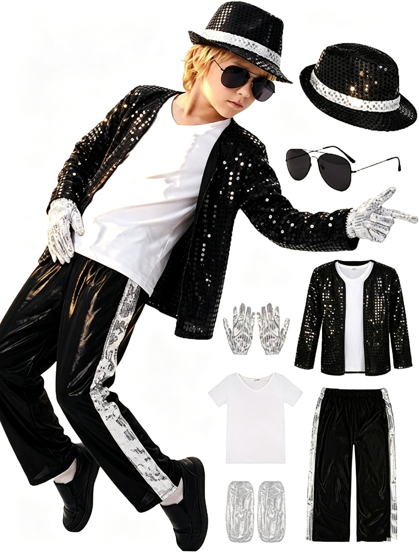 2026 Child King of Pop Musician Costume 7-Piece Set Sequin Jacket Striped Pants with Hat Sunglasses Gloves and T-Shirt 80s 90s Music Icon for Party Stage Performance and Fancy Outfits for Boy (A, 2XL)