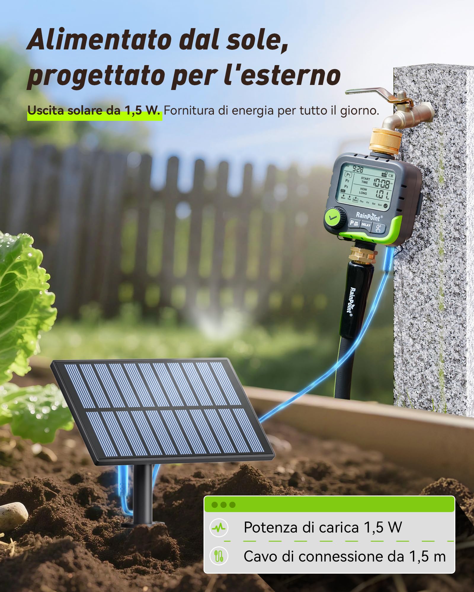 RAINPOINT Timer Irrigazione ITV156 Kit Solare, Timer Rubinetto per Giardino e Prato, con Pannello Solare e 2 Batterie AA Ricaricabili, 3 Programmi Indipendenti, Ricarica Solare Continua