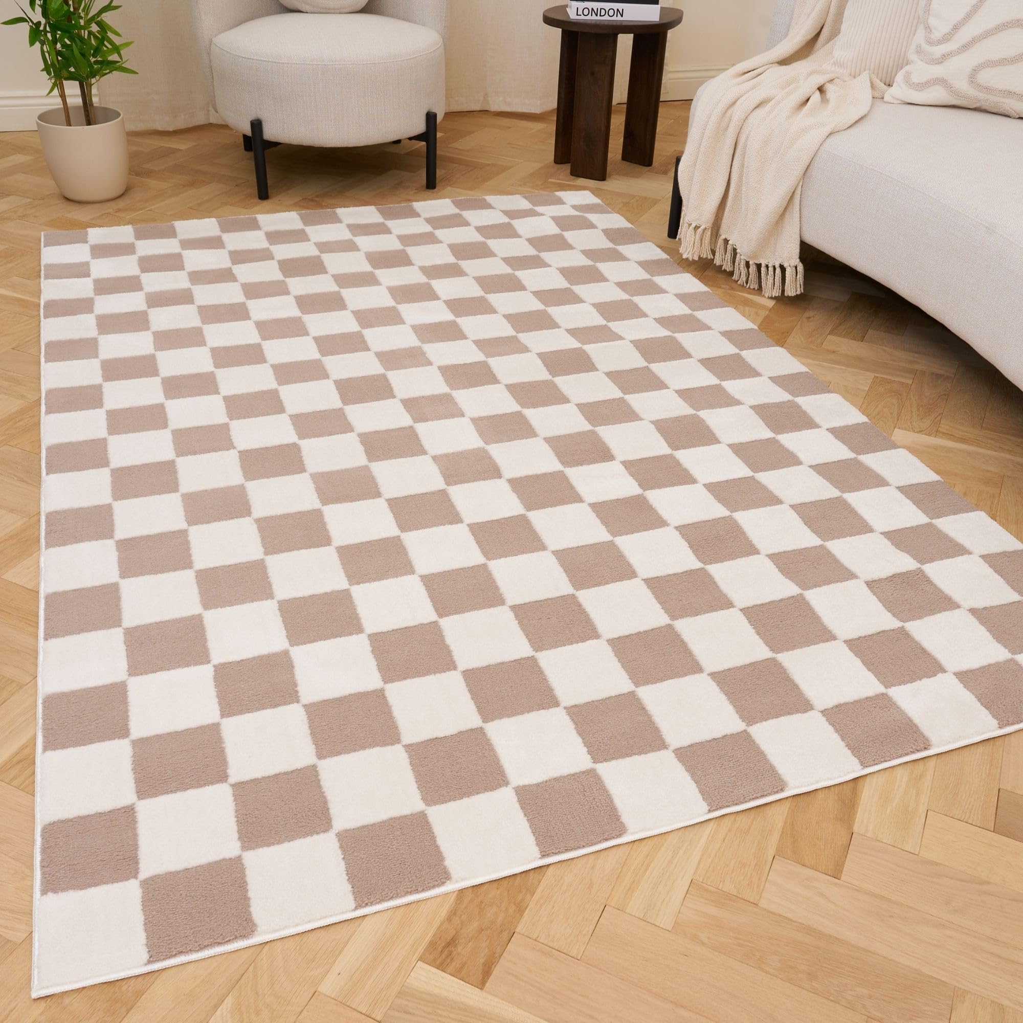 THE RUGS Living Room Rug, Loft Collection – Modern Textured 14mm Soft Pile Area Carpet, Non-Shedding & Easy Care [ Checkerboard Beige, 80x150 cm]