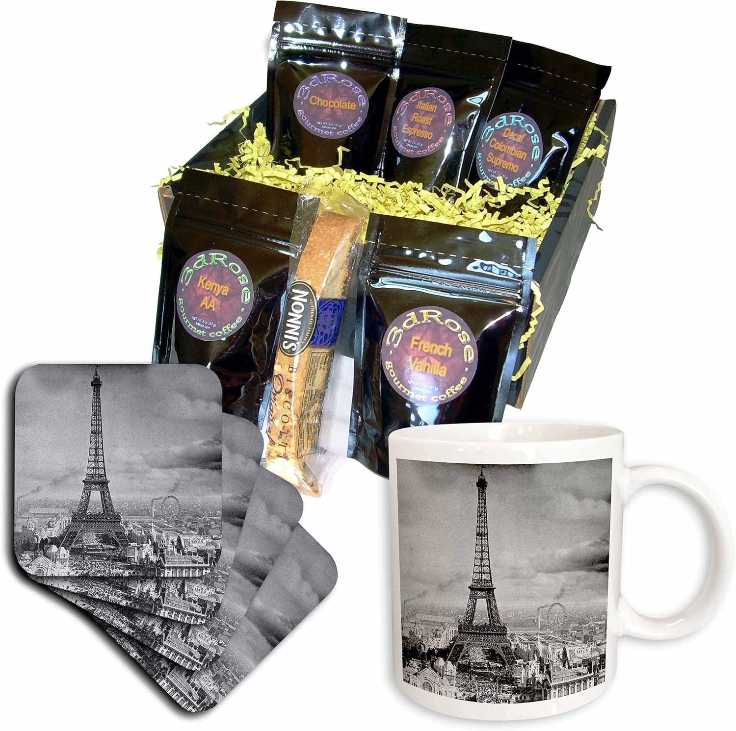 3dRose cgb_6793_1 Eiffel Tower Paris France 1889 Black and White Coffee Gift Basket, Multi