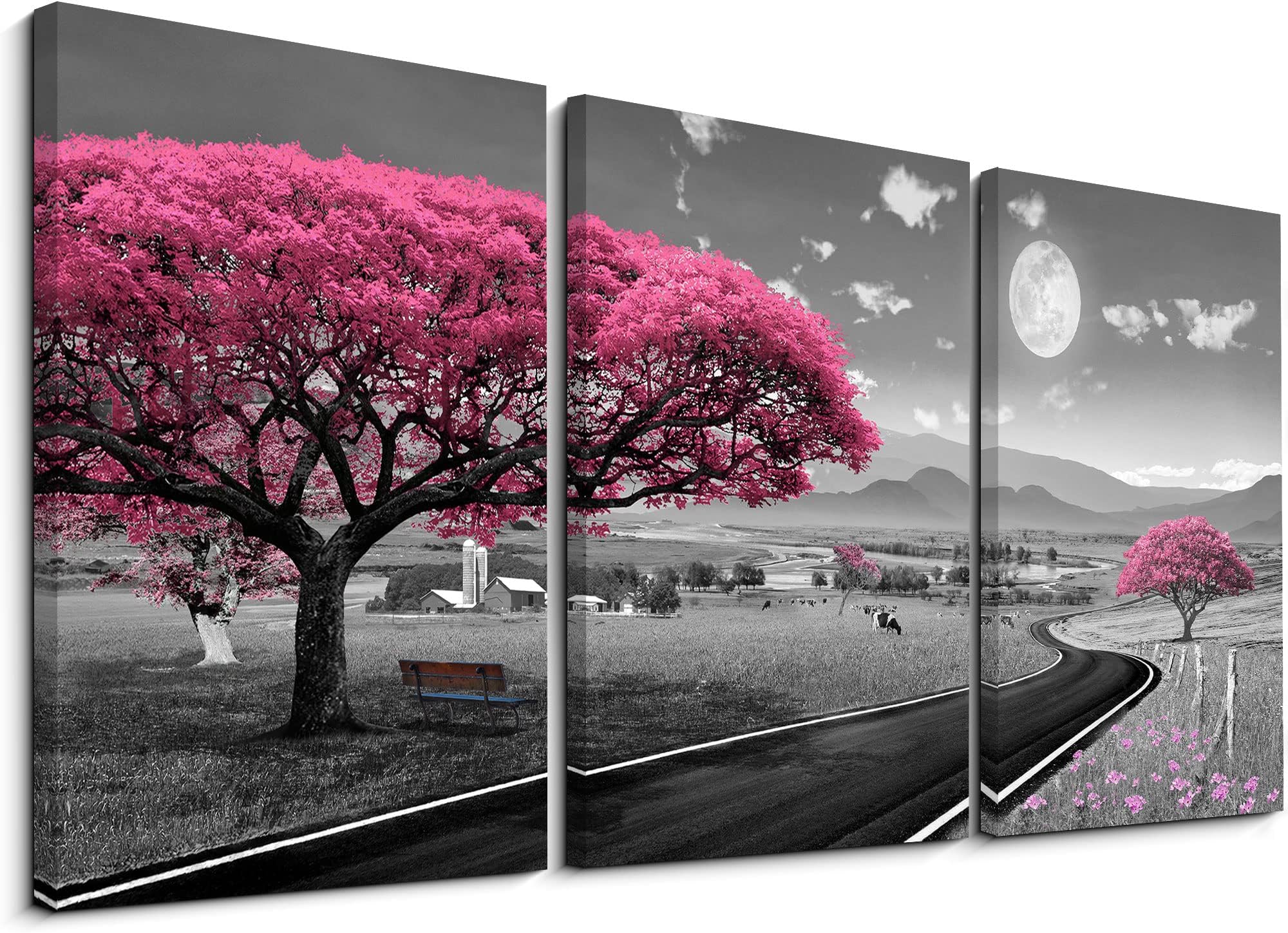 KLAKLA Rustic Countryside Landscape - Red Trees, Grazing Cows, Black and White Moon and Clouds - 3 Piece Canvas Wall Decor - Bedroom Wall Decor