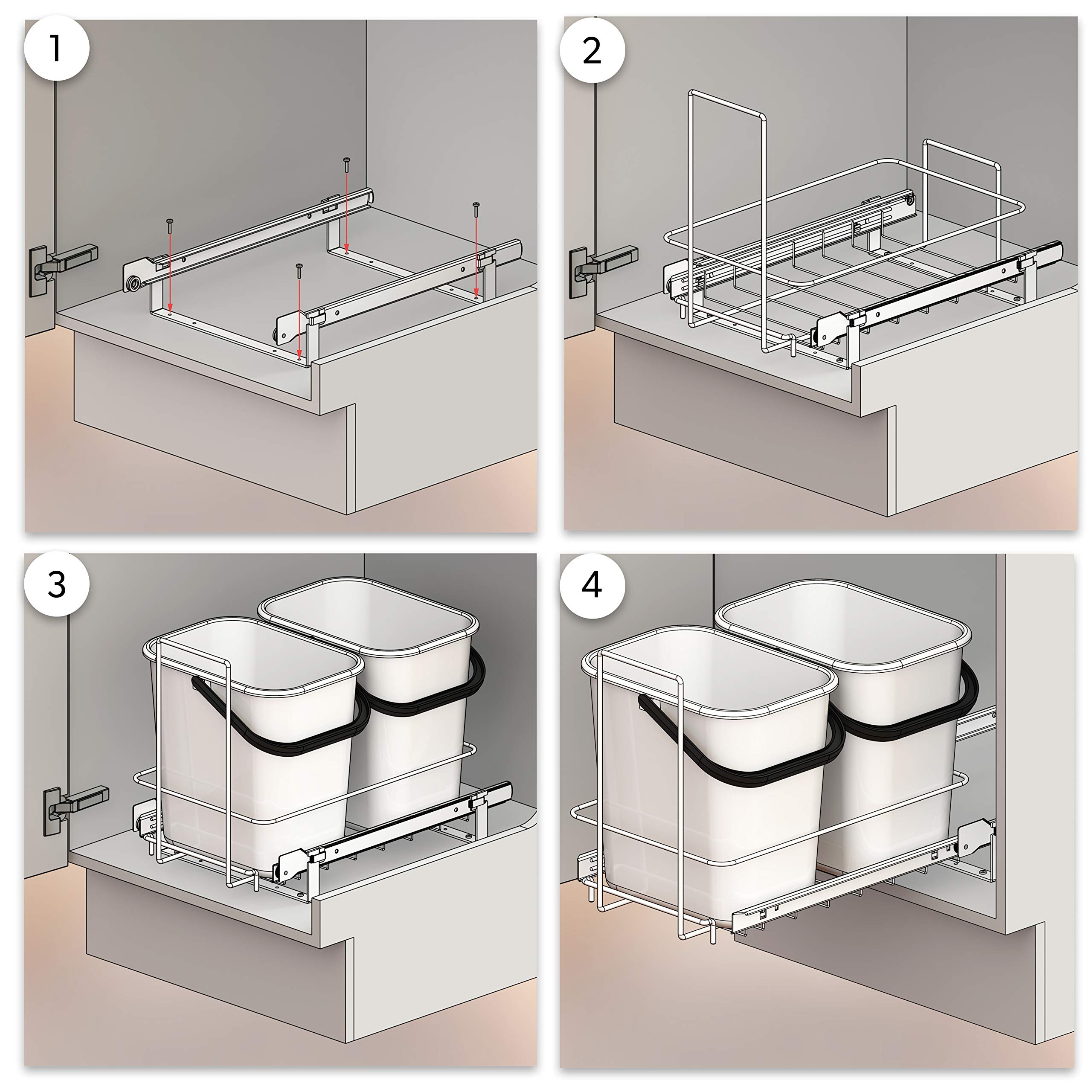 LM 66/2 Einbau Mülleimer weiß ausziehbar Duo Mülltrennsystem für Küche Unterschrank, 2 Abfalleimer weißer Korbauszug 29x48x35,5 cm