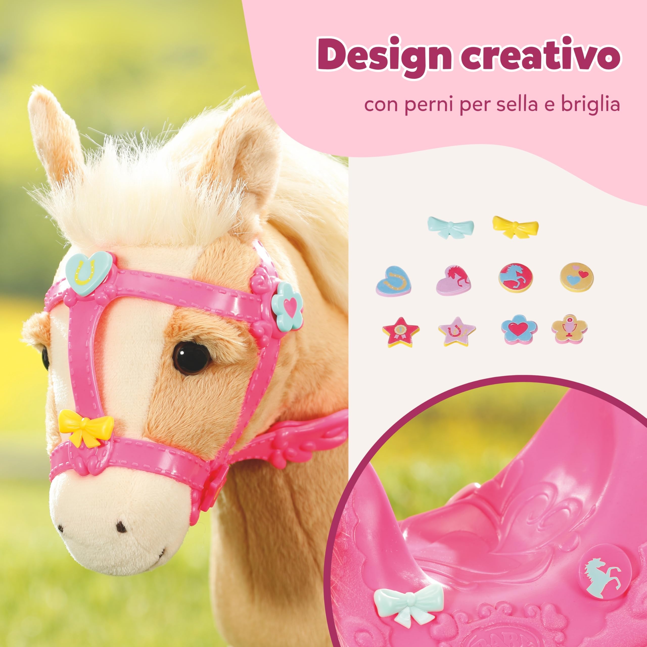BABY born Il mio cavallo Cutie Click & Play con trasportino | Funzione di camminata e suoni, sella rosa, briglie, spille decorative