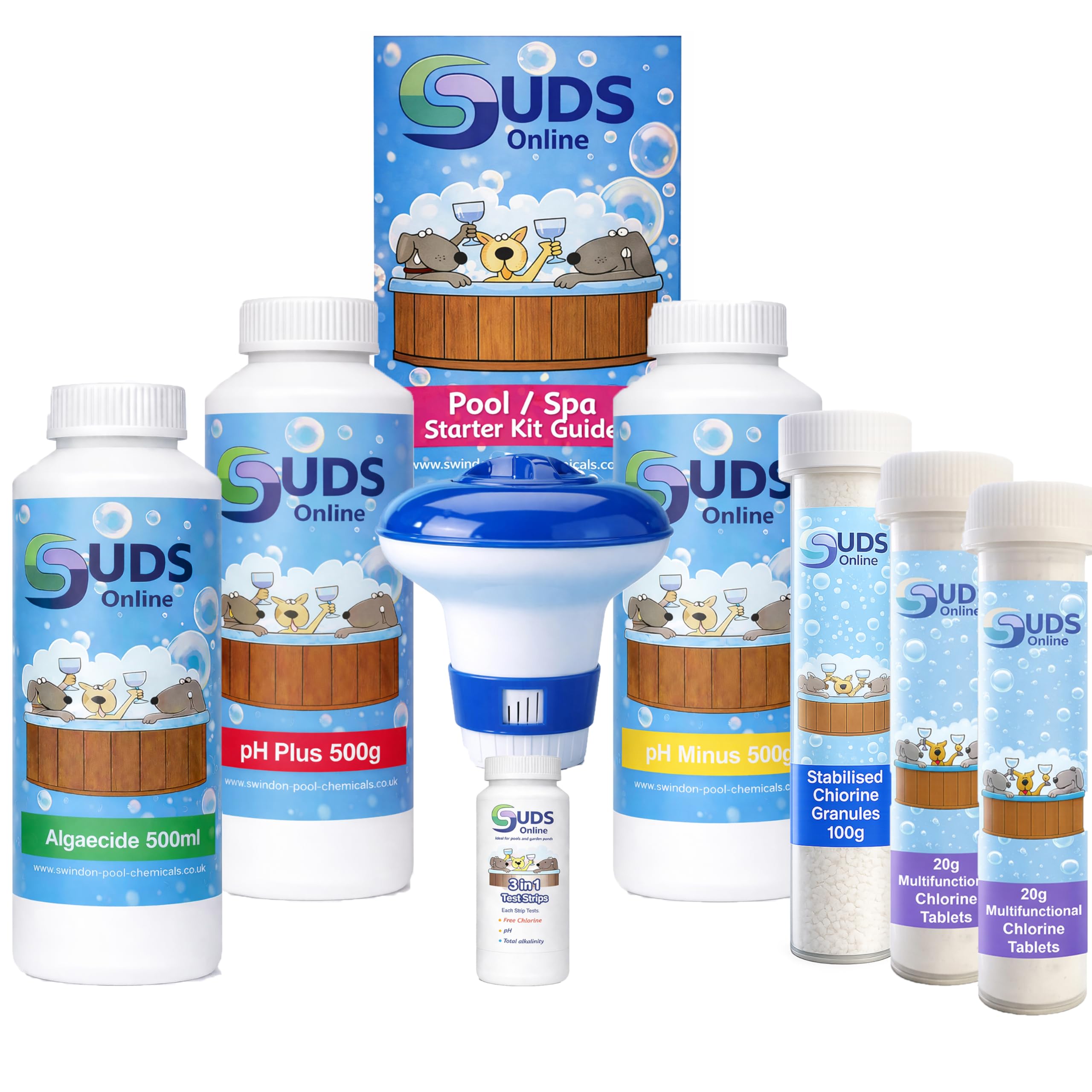 Suds Online Swimming Pool Starter Kit 500G- Includes Chlorine Tablets, pH+, pH-, Algaecide & Strips including floating dispenser