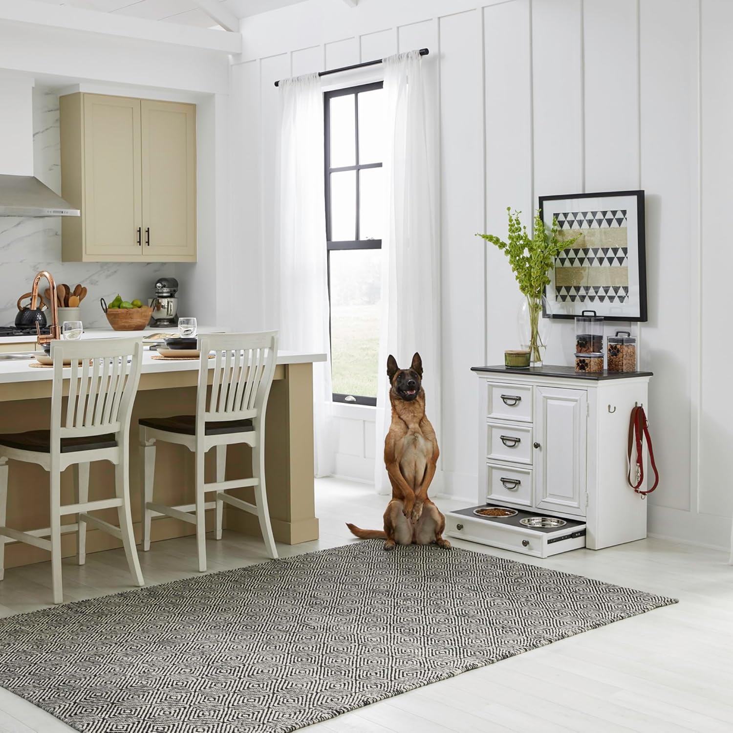 Liberty Furniture Allyson Park Pet Feeder Cabinet Cottage Home Storage Raised Pet Food Bowl Drawer - Wirebrushed White w/Charcoal Tops