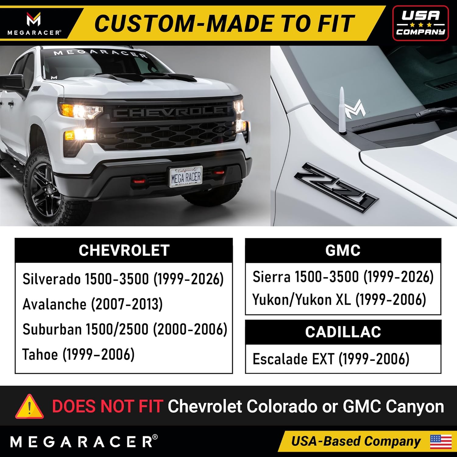 Gloss White 50 Cal Bullet Antenna for Chevy Silverado & GMC Sierra 1500 2500 (1999-2026) – Rugged Billet Aluminum, UV & Chip-Resistant, Car Wash Safe, Short Replacement, Truck Accessories Upgrade