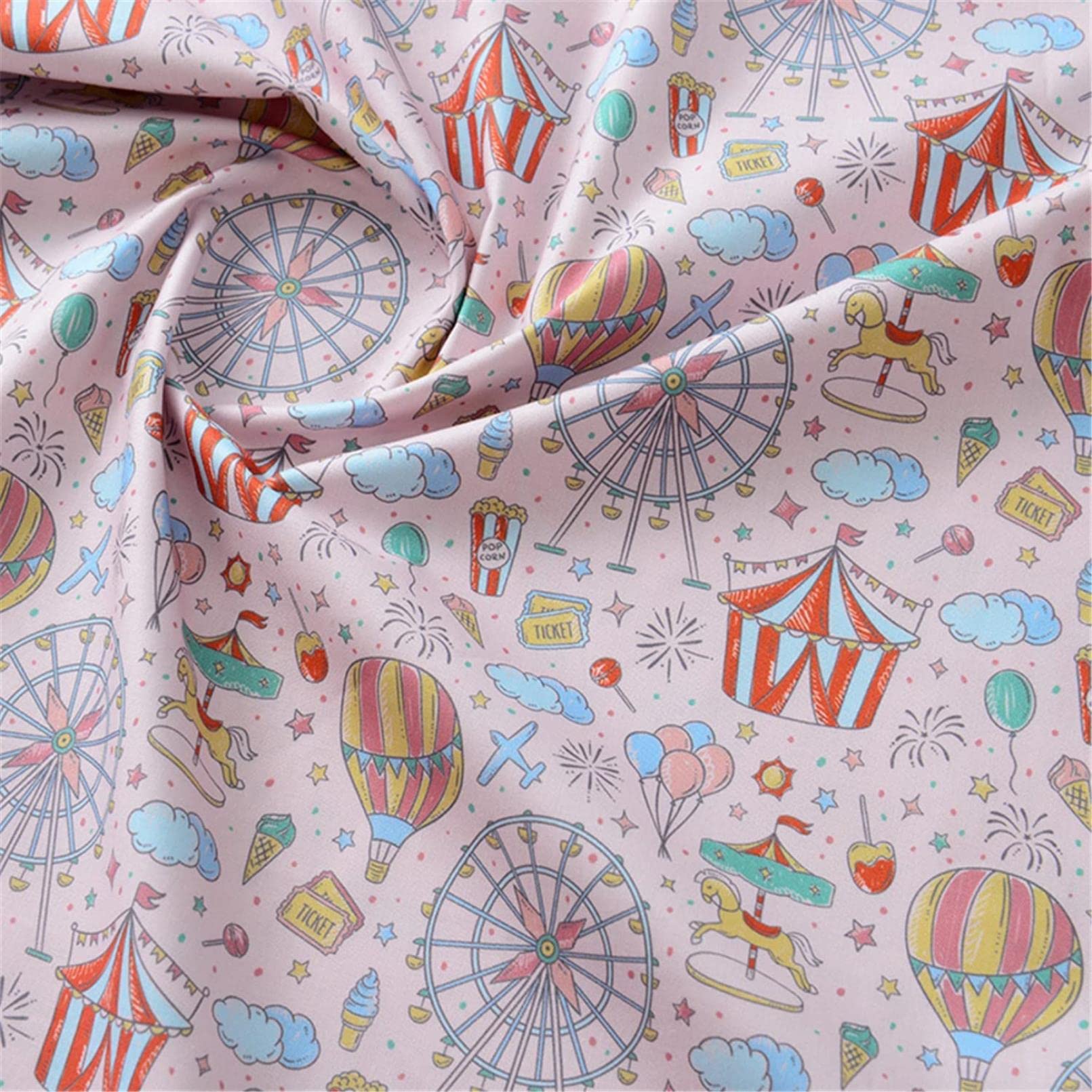Tissu rose en coton cirque et grande roue pour assouplir les sacs à main