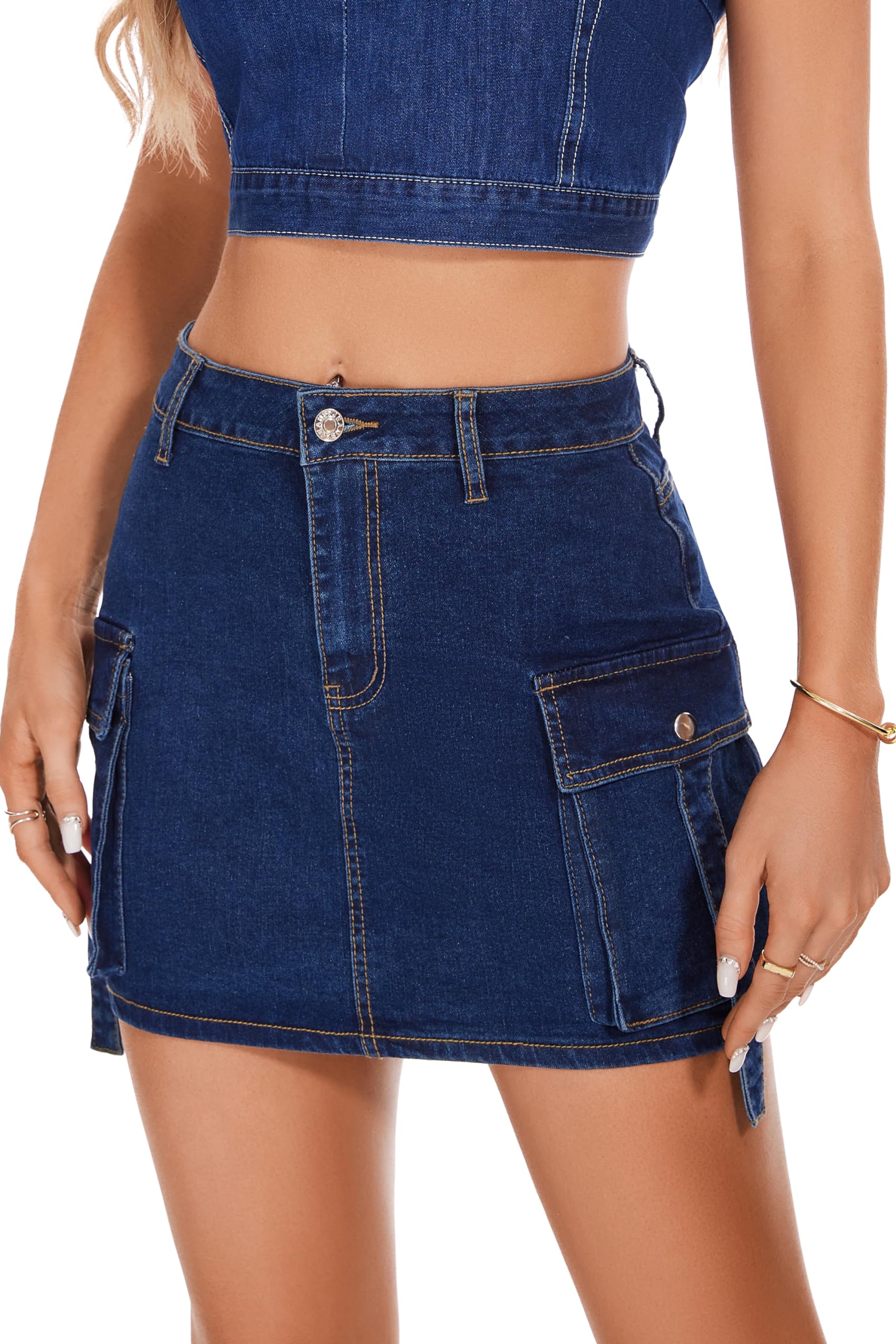 PEIQI Sexy High Waist Cargo Skirt for Women Stretchy Button Mini Cargo Denim Skirt with Pockets