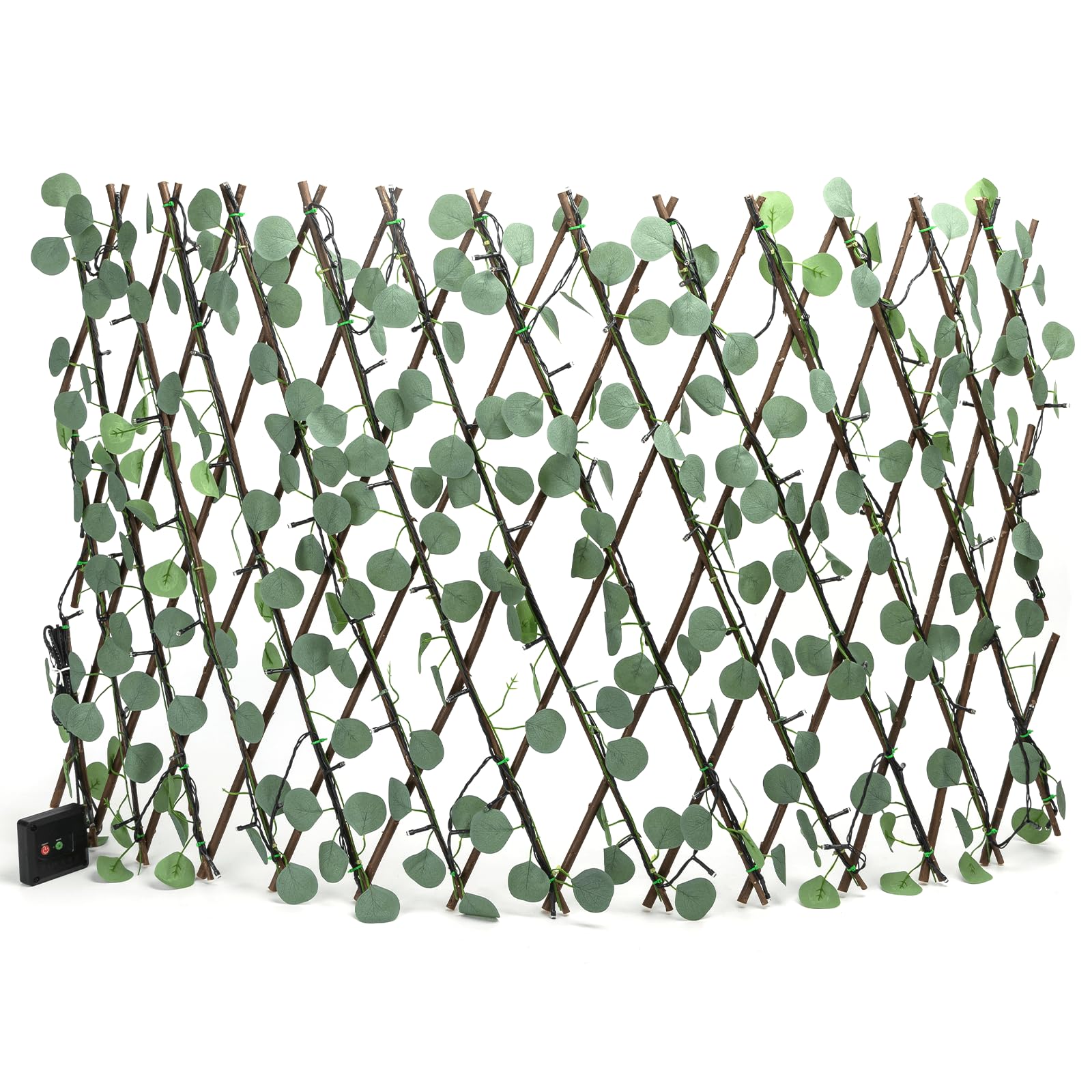 VoltShine Piante solari decorative con motivo a recinzione e foglia di eucalipto, perfette per esterni. Misurano 2 m di altezza e 0,7 m di larghezza, illuminati da 102 LED per creare un'atmosfera