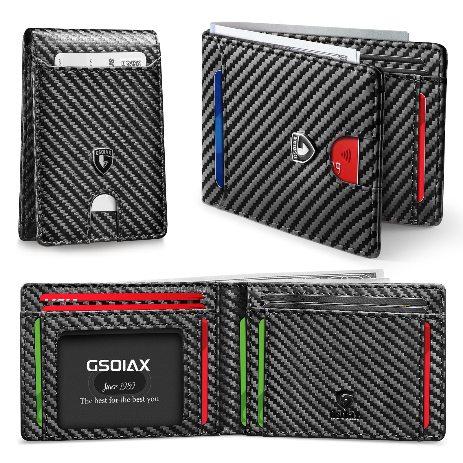 GSOIAX Slim Wallet for Men RFID Blocking Bifold Wallet Carbon Fiber Front Pocket Wallet with 11 Card Holder Minimalist Mens Wallet with Gift Box(