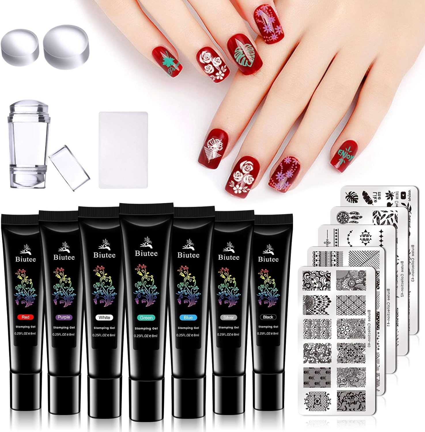 Nail Stamping Polish, Nail Stamper Gel Polish Kit, All-in-One Nail Stamp Polish Kit Set for DIY Nail Art Include Nail Stamping Gels, Stamping Plates, Nail Stamper, Nail Art Scraper, 7 Colors : Beauty & Personal Care
