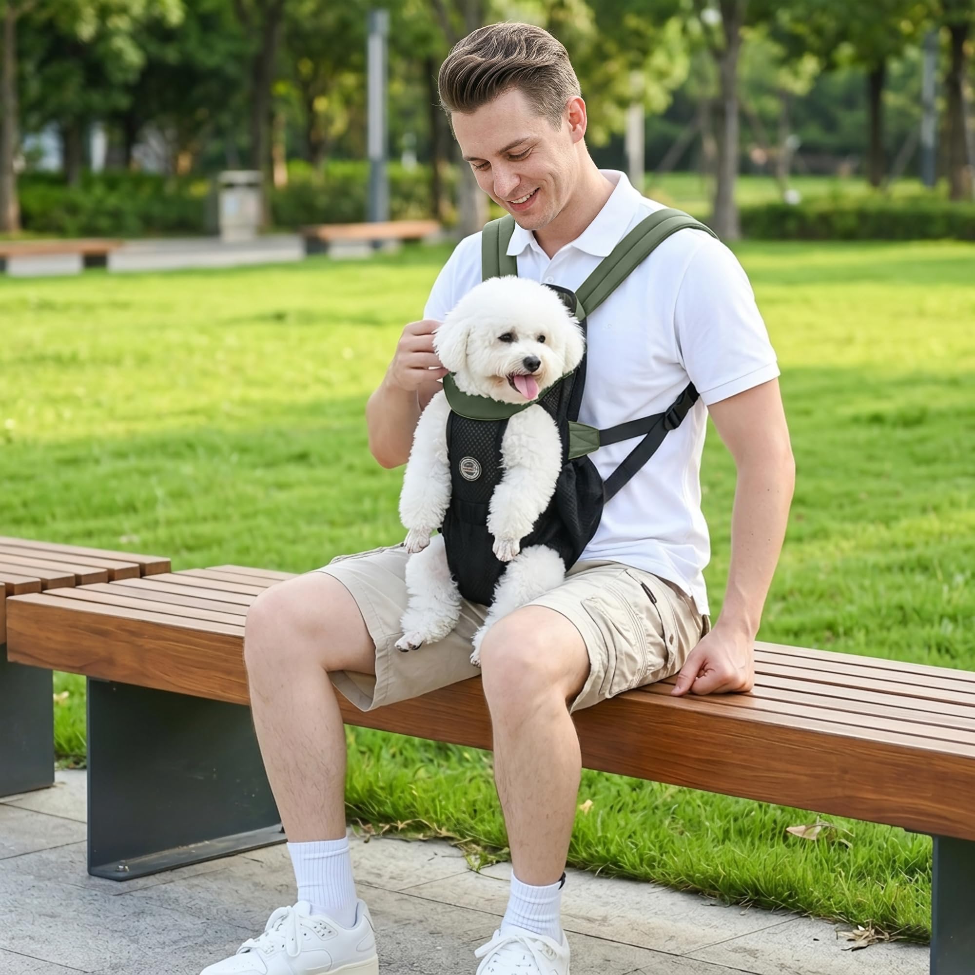 ALLSOPETS Hunderucksack für Kleine Hunde – Leichter, Atmungsaktiver und Bequemer Hunde Rucksack mit Sicherheitsleine, Freihändig für Reisen Wandern Outdoor (Olivgrün, M) | Atmungsaktive Transporttasche mit Sicherheitshaken, bequemer Rucksack für Hunde, fü