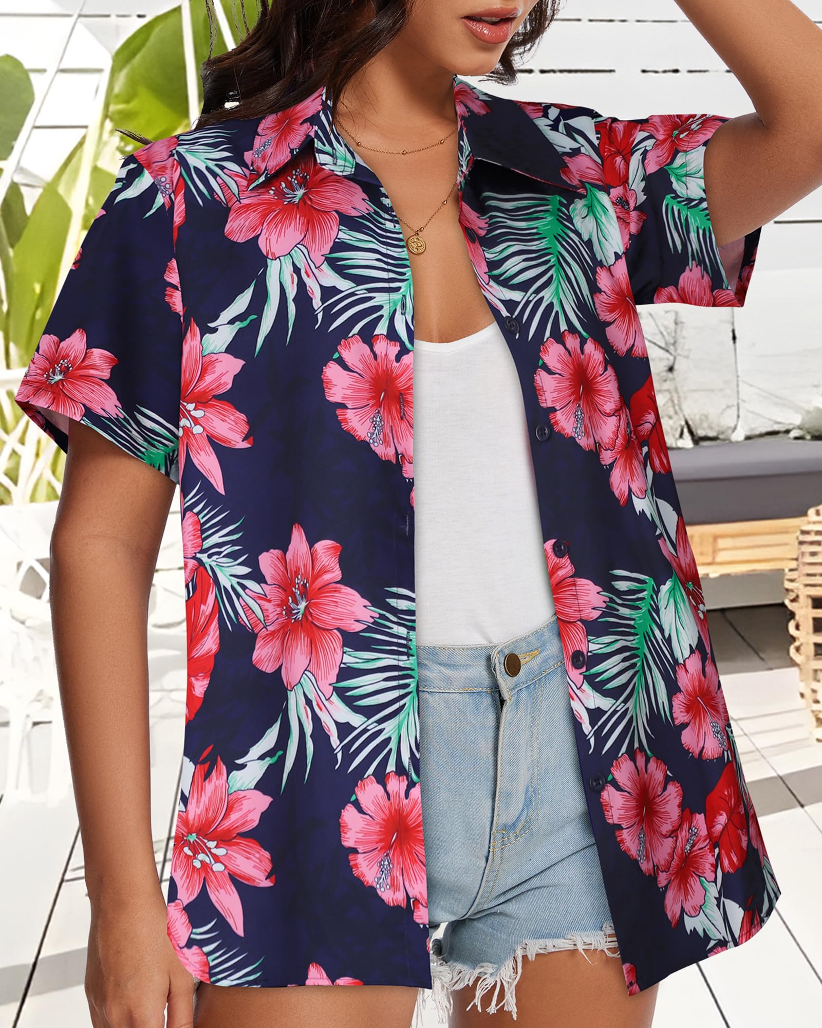 Gosunny Chemise hawaïenne pour femme - Chemise d'été tropicale hawaïenne à manches courtes - Chemisier de plage avec boutons