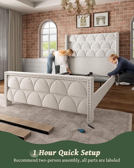 OHOHOLIVE Queen Size Bed Frame with 56 Headboard - Velvet Upholstered Wingback Platform Bed Frame, Noise Free, Sturdy Wooden Slat Support (Cream, Queen)