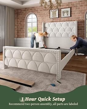 OHOHOLIVE Queen Size Bed Frame with 56 Headboard - Velvet Upholstered Wingback Platform Bed Frame, Noise Free, Sturdy Wooden Slat Support (Cream, Queen)
