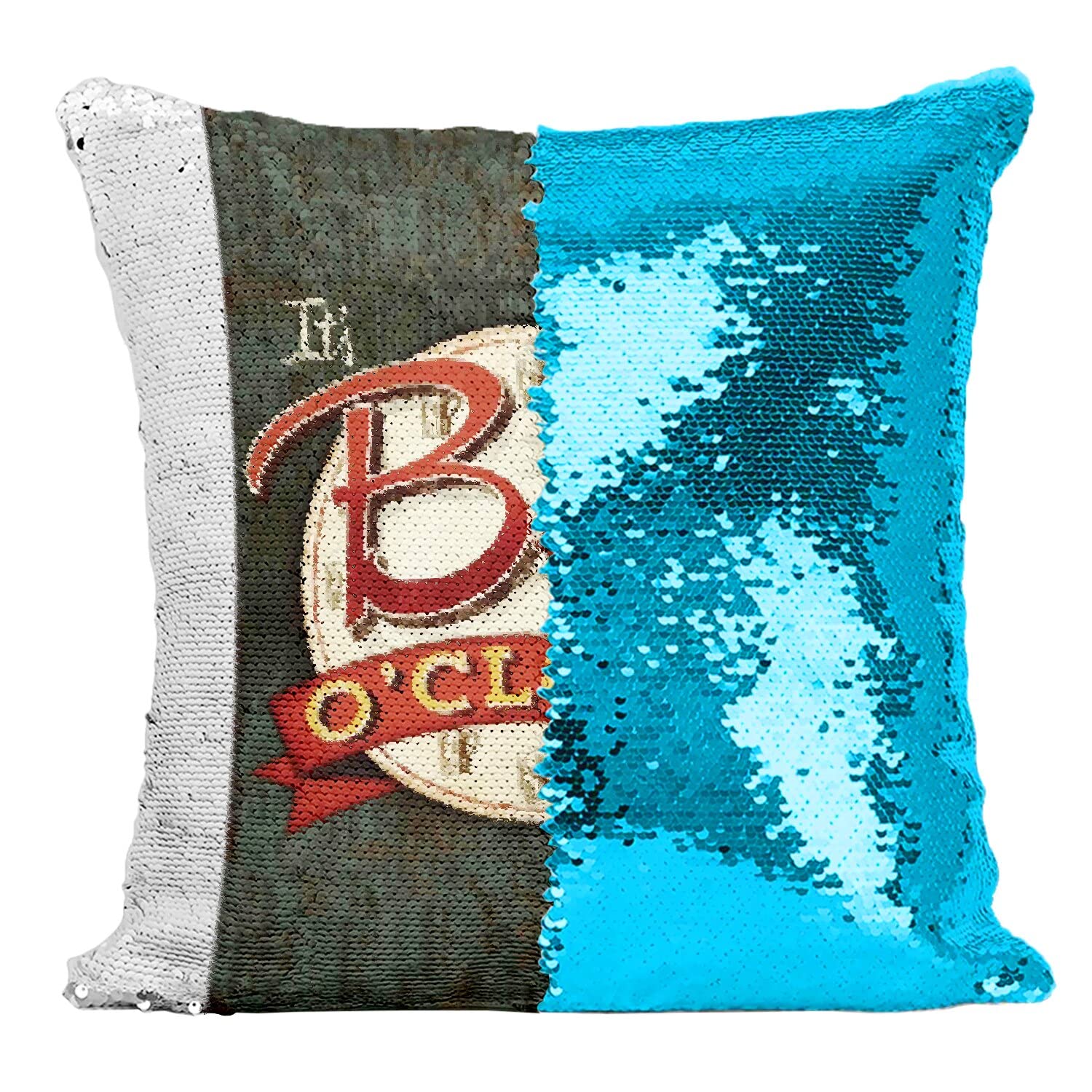 Coussin Sequin Lumineux Magique à Paillettes Turquoise Motif Vintage Bière