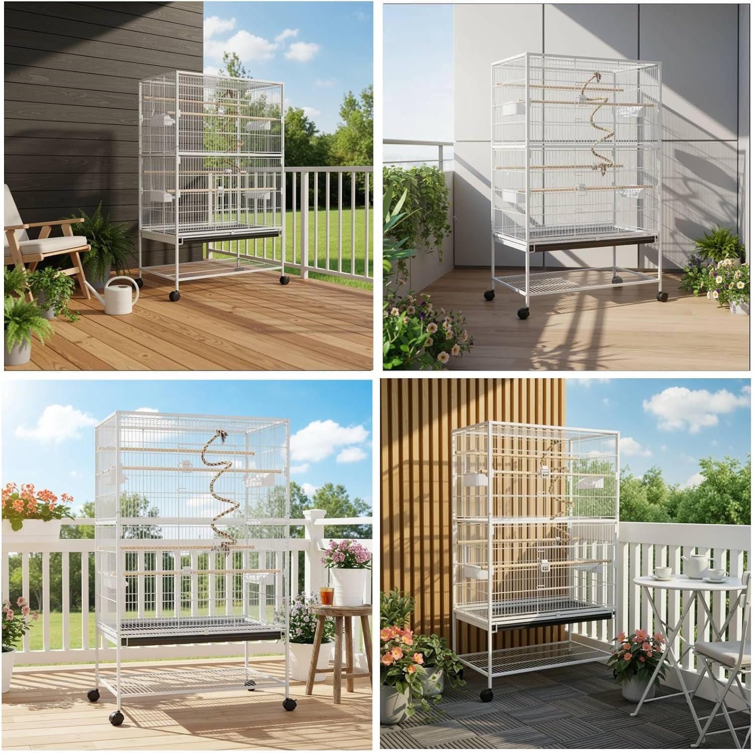 LIFERUN Vogelkäfig groß, Vogelkäfig aus Metall, Vogelbauer mit 4PCS Rollen, Wellensittich käfig mit Futternapf, Käfigspielzeug, Spring-Schaukel für Vogel mit 2 Türen 4 Holzstangen, 132 x 78 x 52 cm
