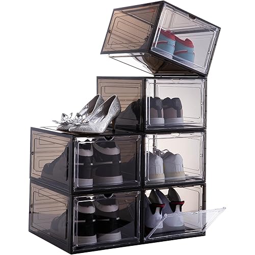Attelite Shoe Box,Set of 6,Stackable Plastic Clear Shoe Box Organizer with Magnetic Door,Shoe Storage Box Thicken Sturdy,Easy Assembly,Fit up to US Size 12,Black