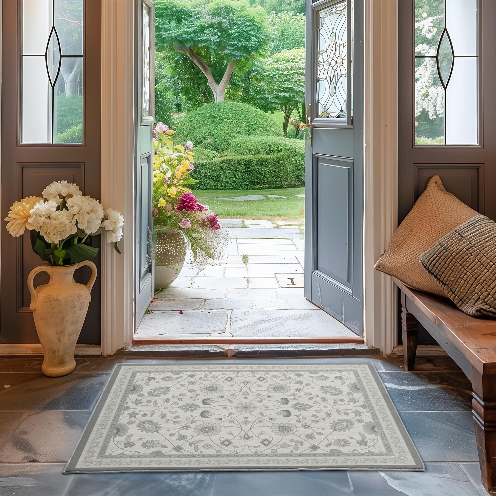 EVERGRACE Area Rugs for Entryway 2x3, Boho Floral Faux Wool Indoor Outdoor Small Rugs, Washable Rugs for Bedroom Bathroom Laundry Doormat, Low Pile